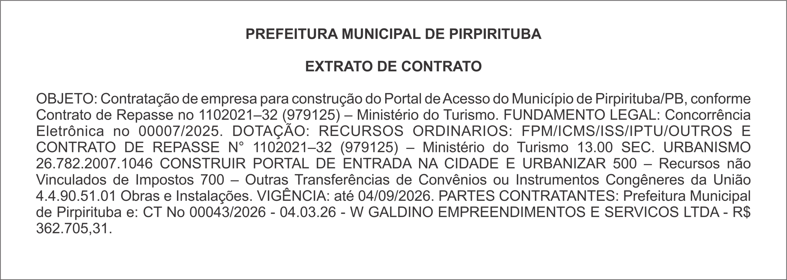 PREFEITURA MUNICIPAL DE PIRPIRITUBA – EXTRATO DE CONTRATO