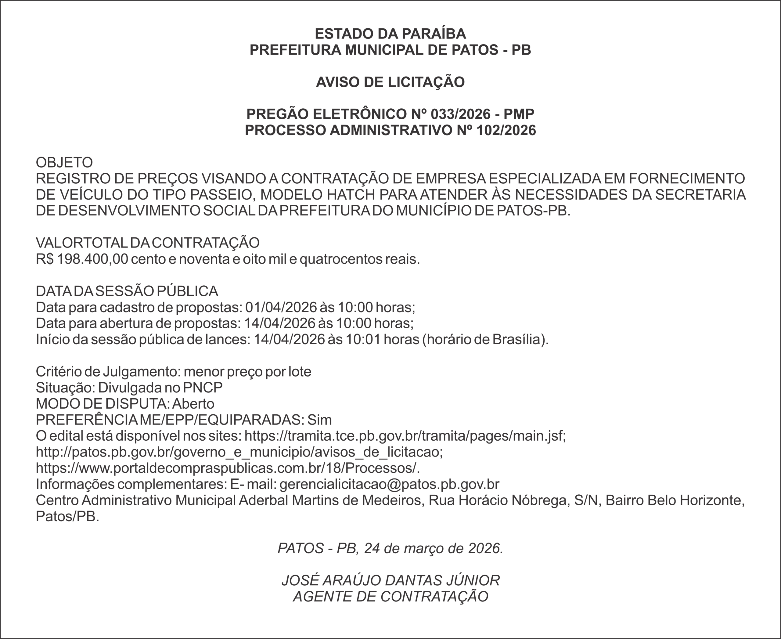 PREFEITURA MUNICIPAL DE PATOS – PB – PREGÃO ELETRÔNICO Nº 033/2026 – PMP
