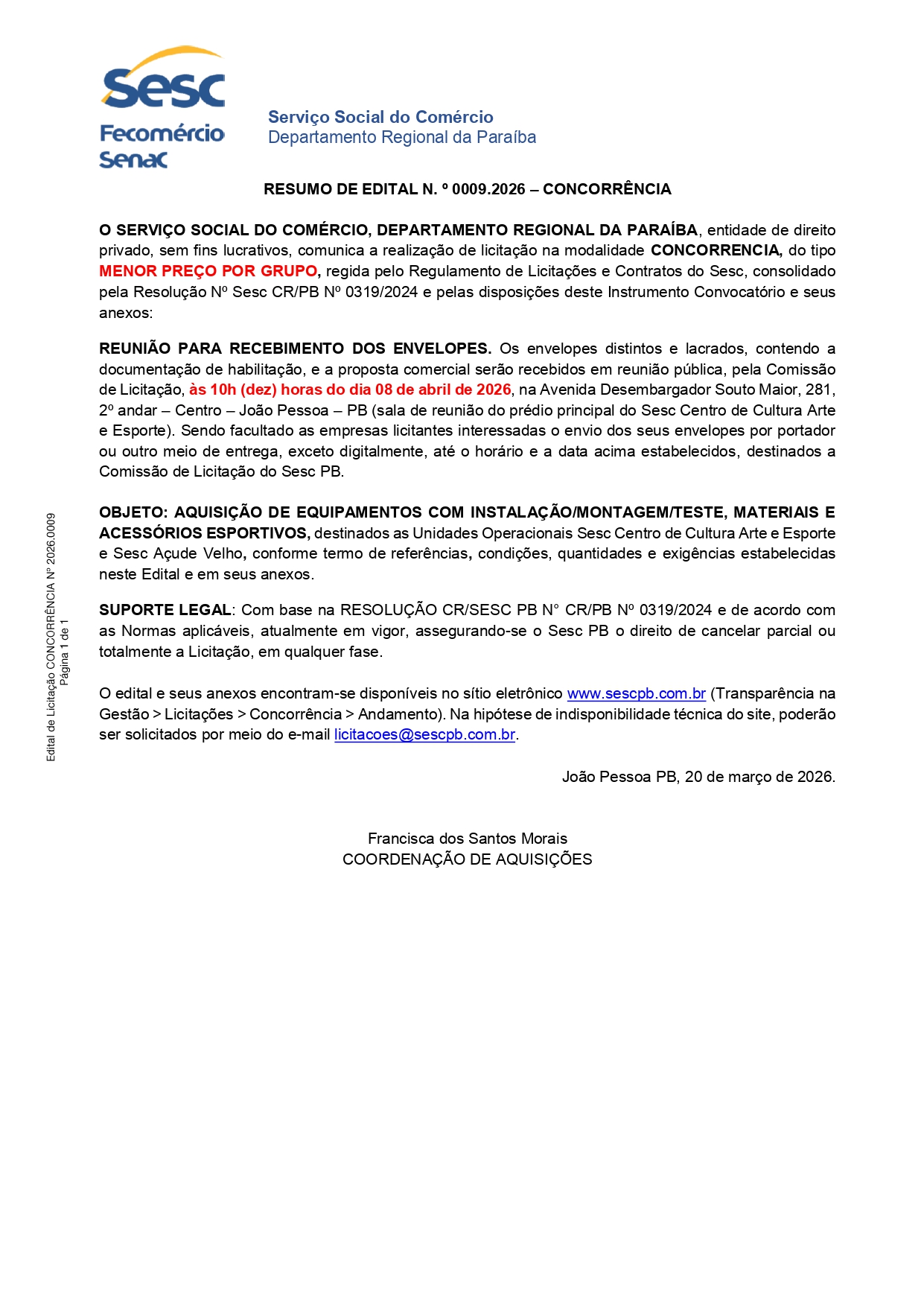 SESC – RESUMO DE EDITAL N. º 0009.2026 – CONCORRÊNCIA