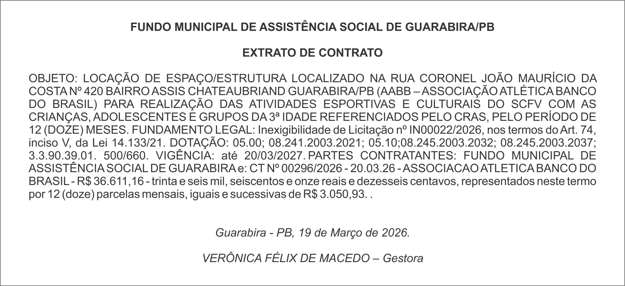 FUNDO MUNICIPAL DE ASSISTÊNCIA SOCIAL DE GUARABIRA/PB  EXTRATO DE CONTRATO