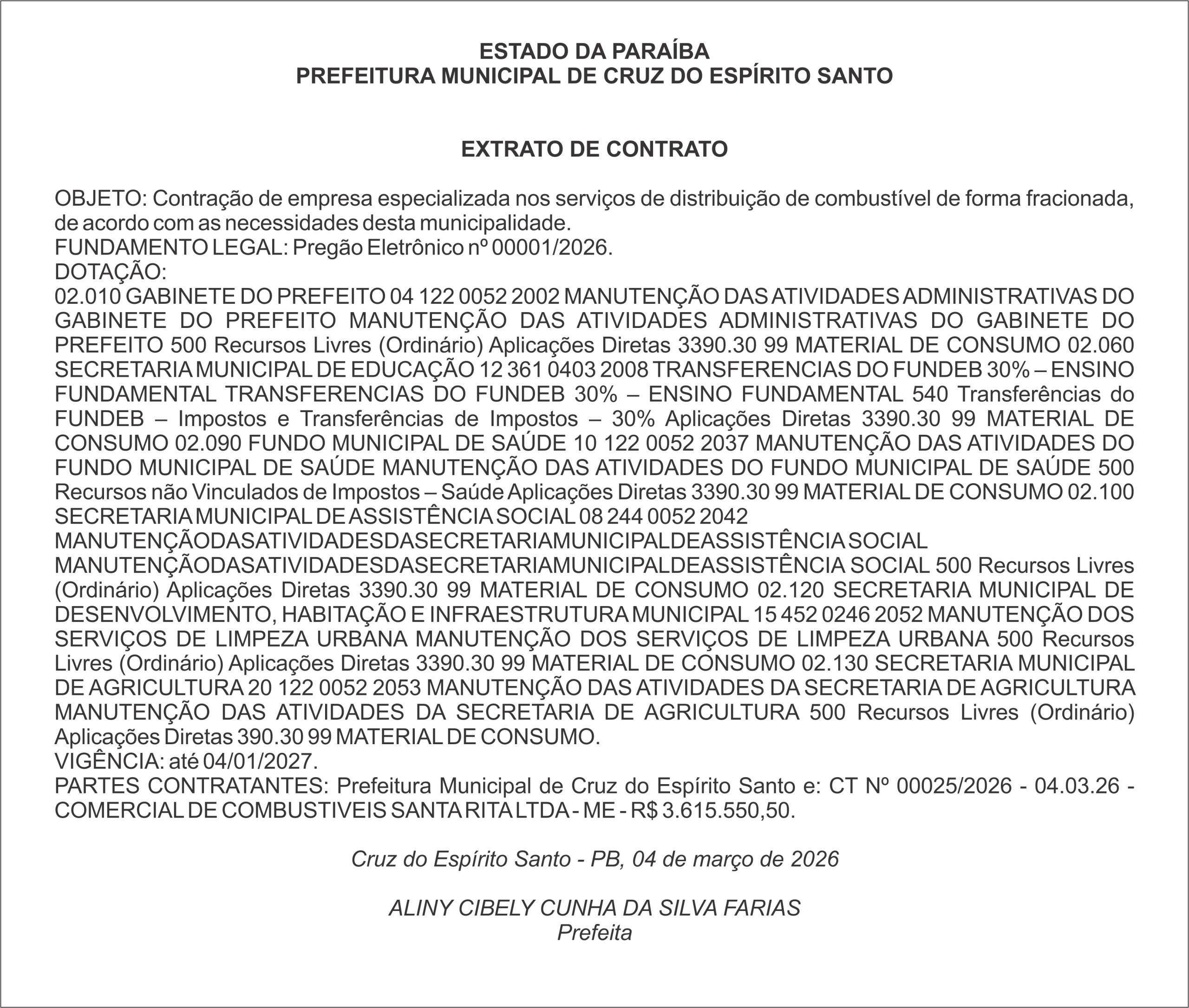 PREFEITURA MUNICIPAL DE CRUZ DO ESPÍRITO SANTO – EXTRATO DE CONTRATO