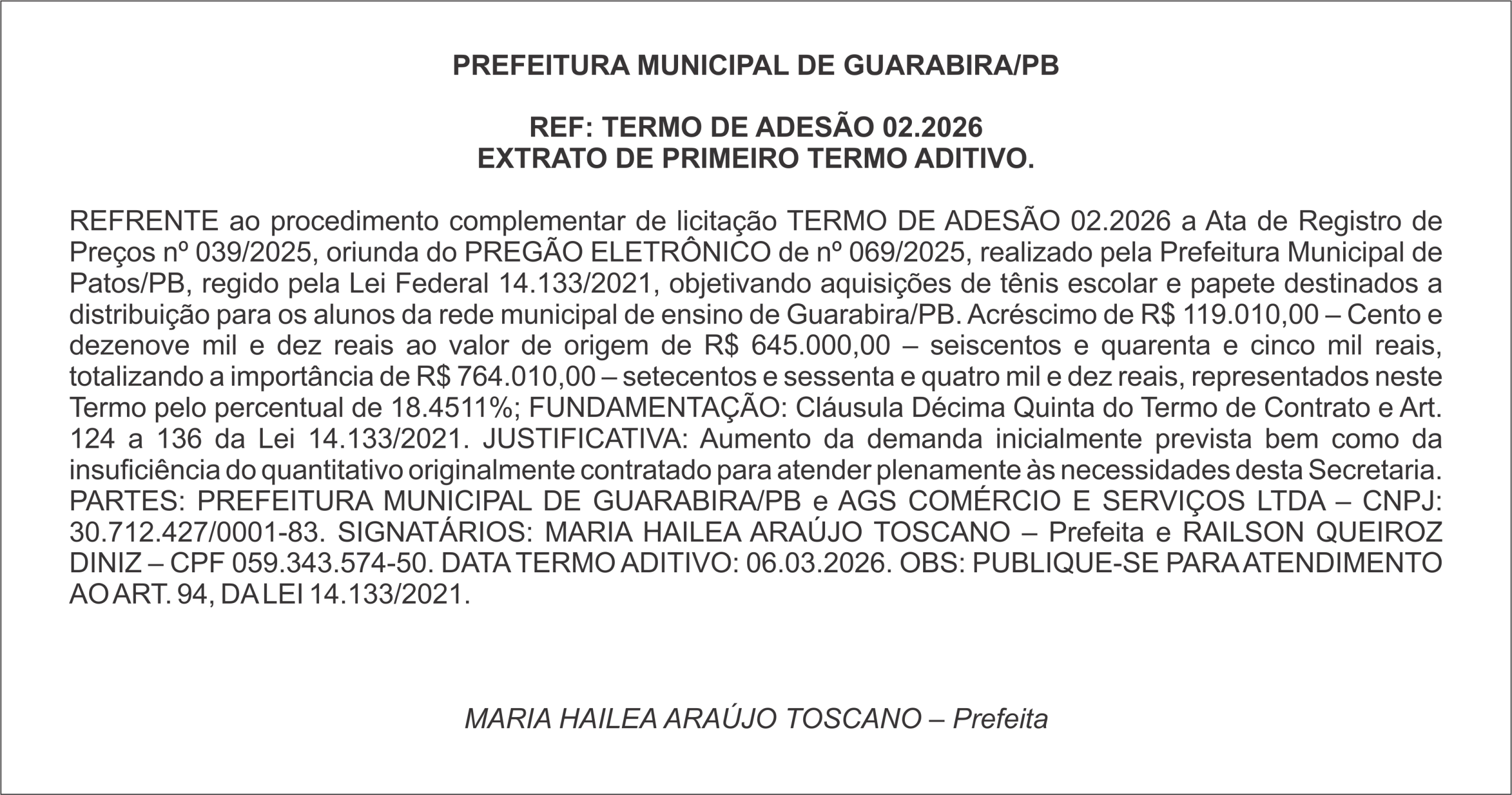 PREFEITURA MUNICIPAL DE GUARABIRA/PB REF: TERMO DE ADESÃO 02.2026 EXTRATO DE PRIMEIRO TERMO ADITIVO.