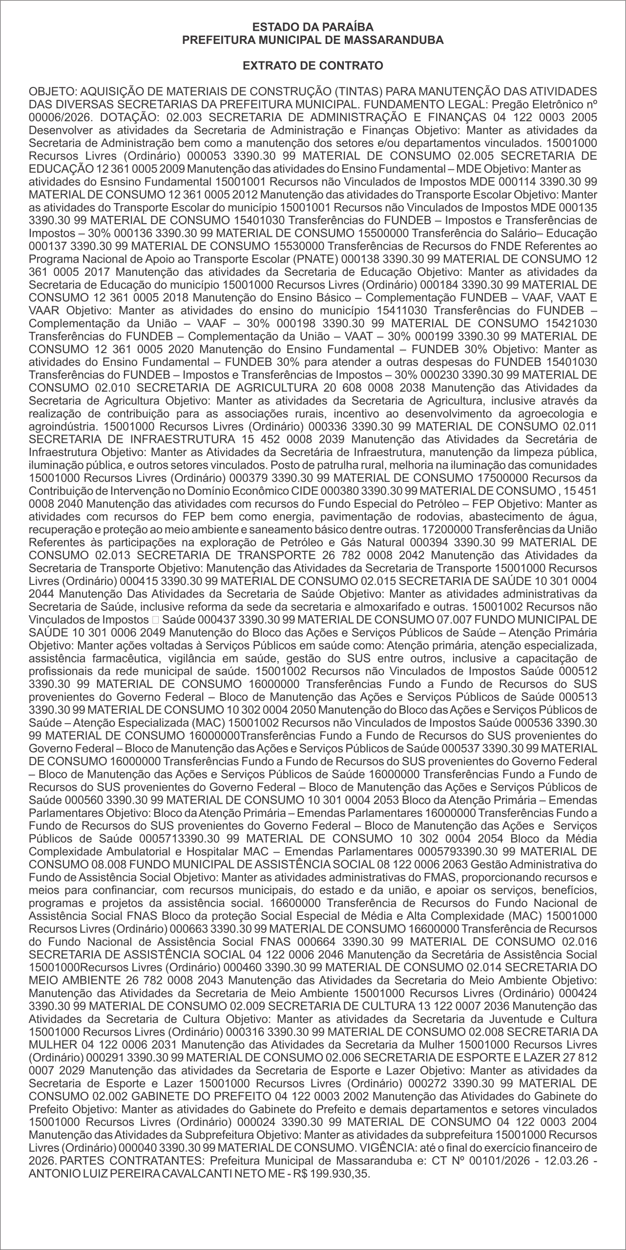 PREFEITURA MUNICIPAL DE MASSARANDUBA – EXTRATO DE CONTRATO