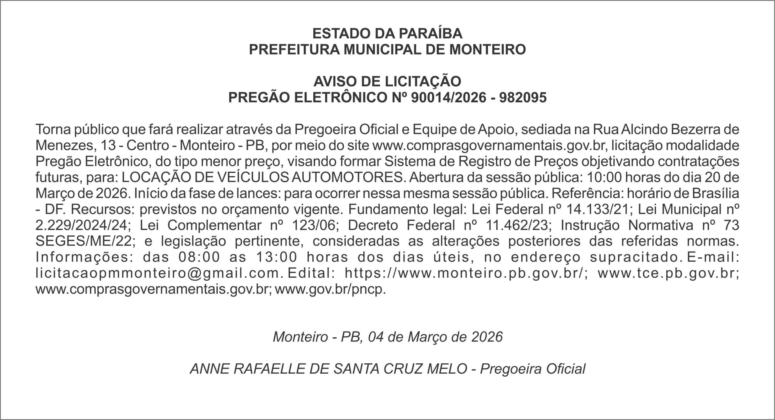 PREFEITURA MUNICIPAL DE MONTEIRO  – AVISO DE LICITAÇÃO PREGÃO ELETRÔNICO Nº 90014/2026 – 982095