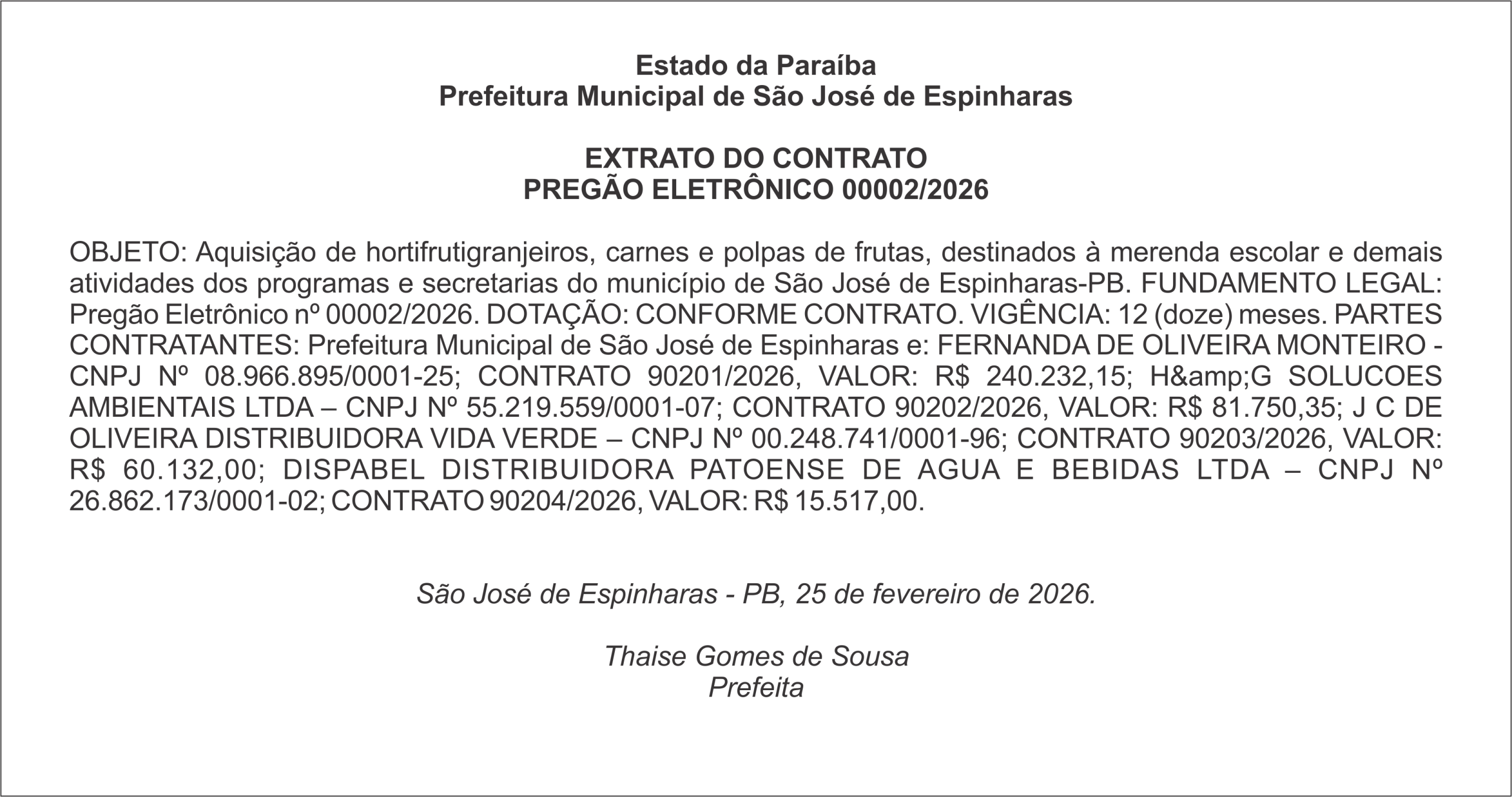 PREFEITURA DE SÃO JOSÉ DE ESPINHARAS – EXTRATO DO CONTRATO