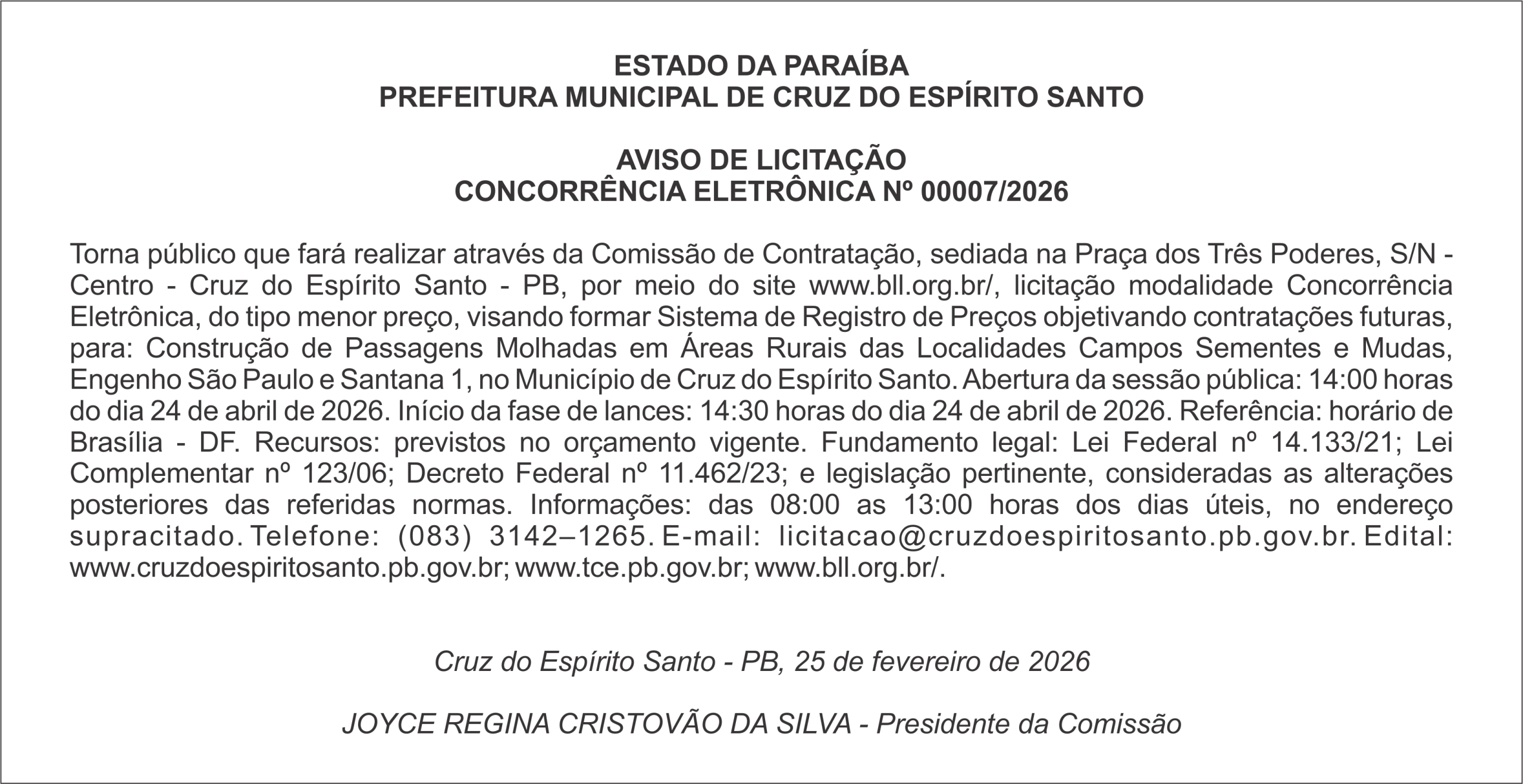 PREFEITURA MUNICIPAL DE CRUZ DO ESPÍRITO SANTO – AVISO DE LICITAÇÃO CONCORRÊNCIA ELETRÔNICA Nº 00007/2026