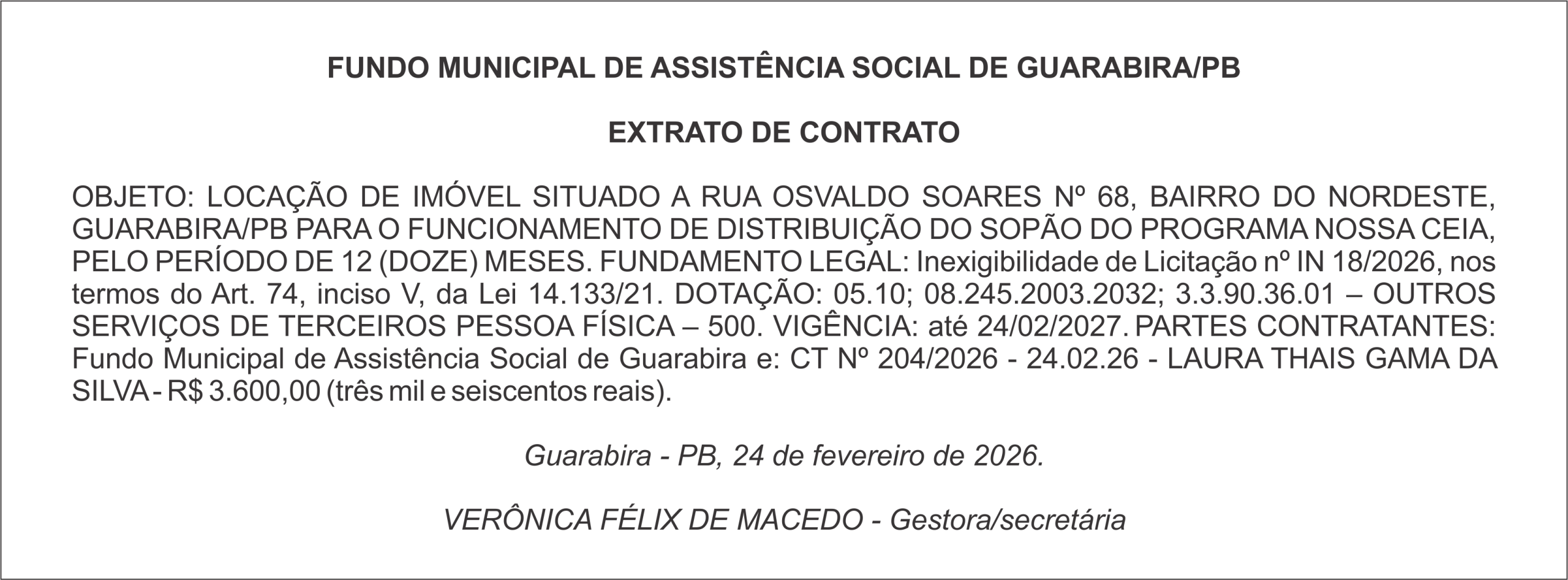 FUNDO MUNICIPAL DE ASSISTÊNCIA SOCIAL DE GUARABIRA/PB  EXTRATO DE CONTRATO