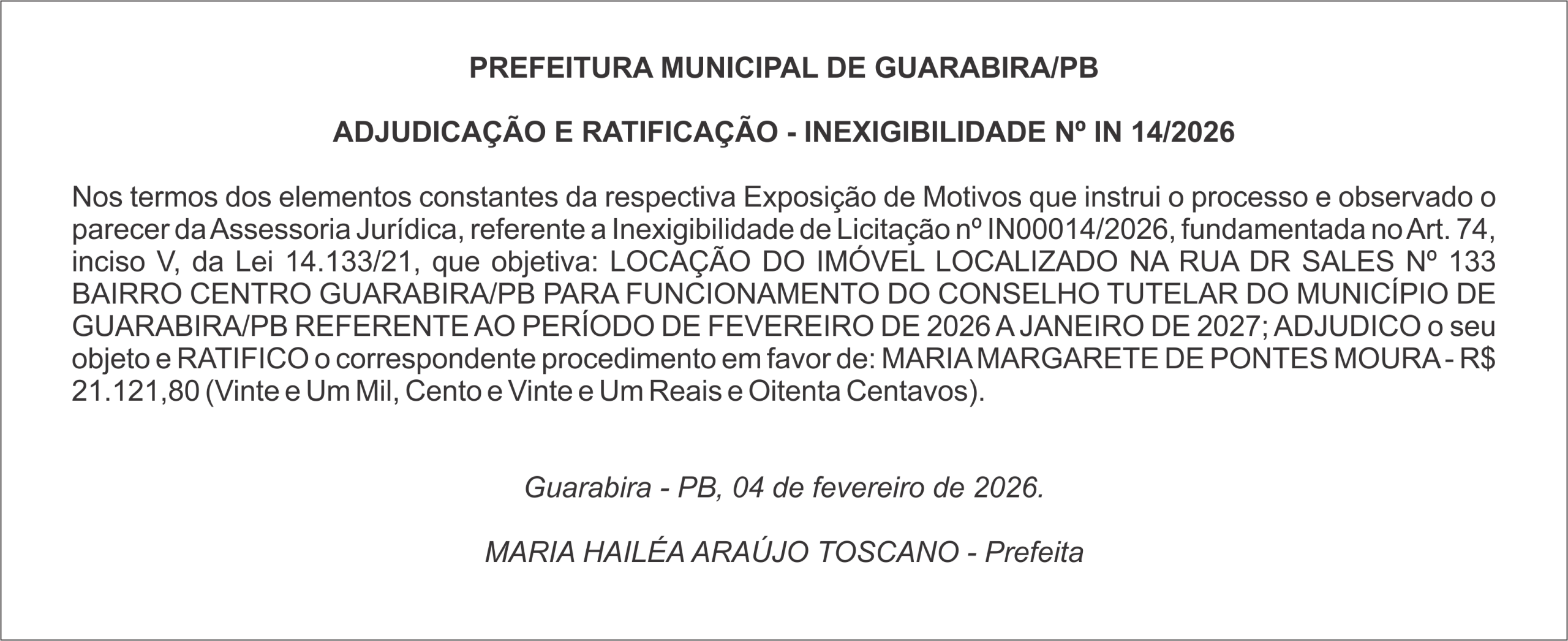REFEITURA MUNICIPAL DE GUARABIRA/PB ADJUDICAÇÃO E RATIFICAÇÃO – INEXIGIBILIDADE Nº IN 14/2026