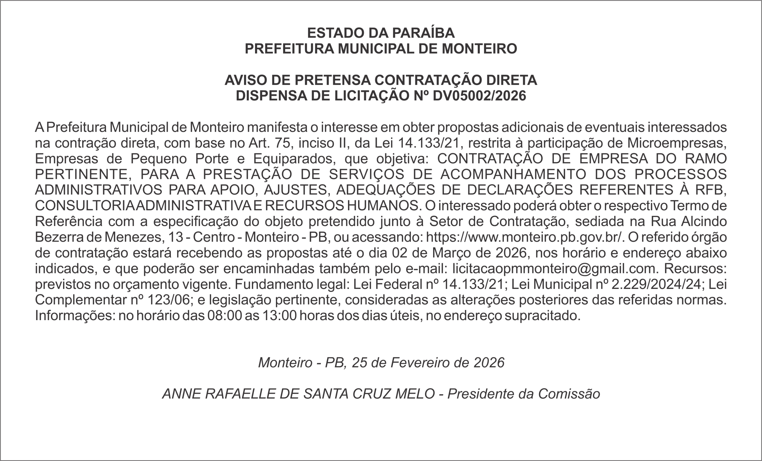 PREFEITURA MUNICIPAL DE MONTEIRO – AVISO DE PRETENSA CONTRATAÇÃO DIRETA DISPENSA DE LICITAÇÃO Nº DV05002/2026