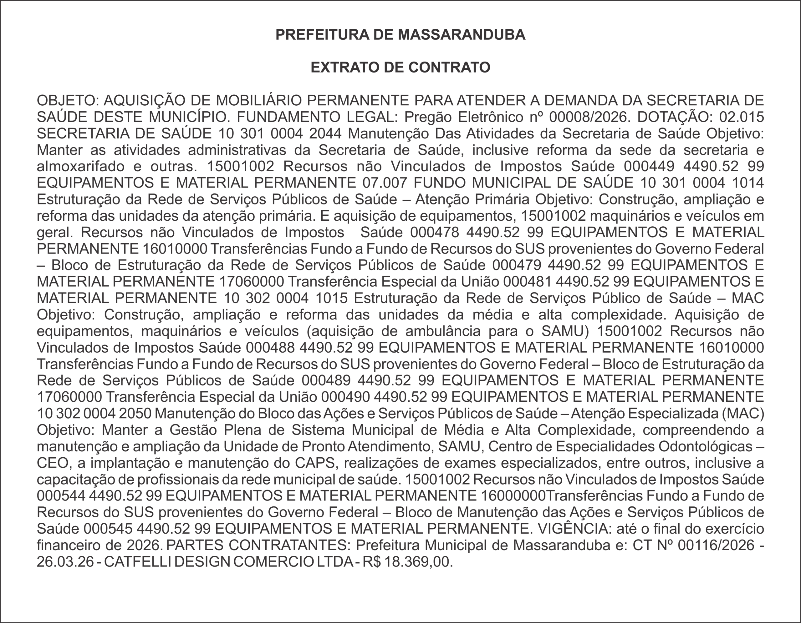 PREFEITURA DE MASSARANDUBA – EXTRATO DE CONTRATOS