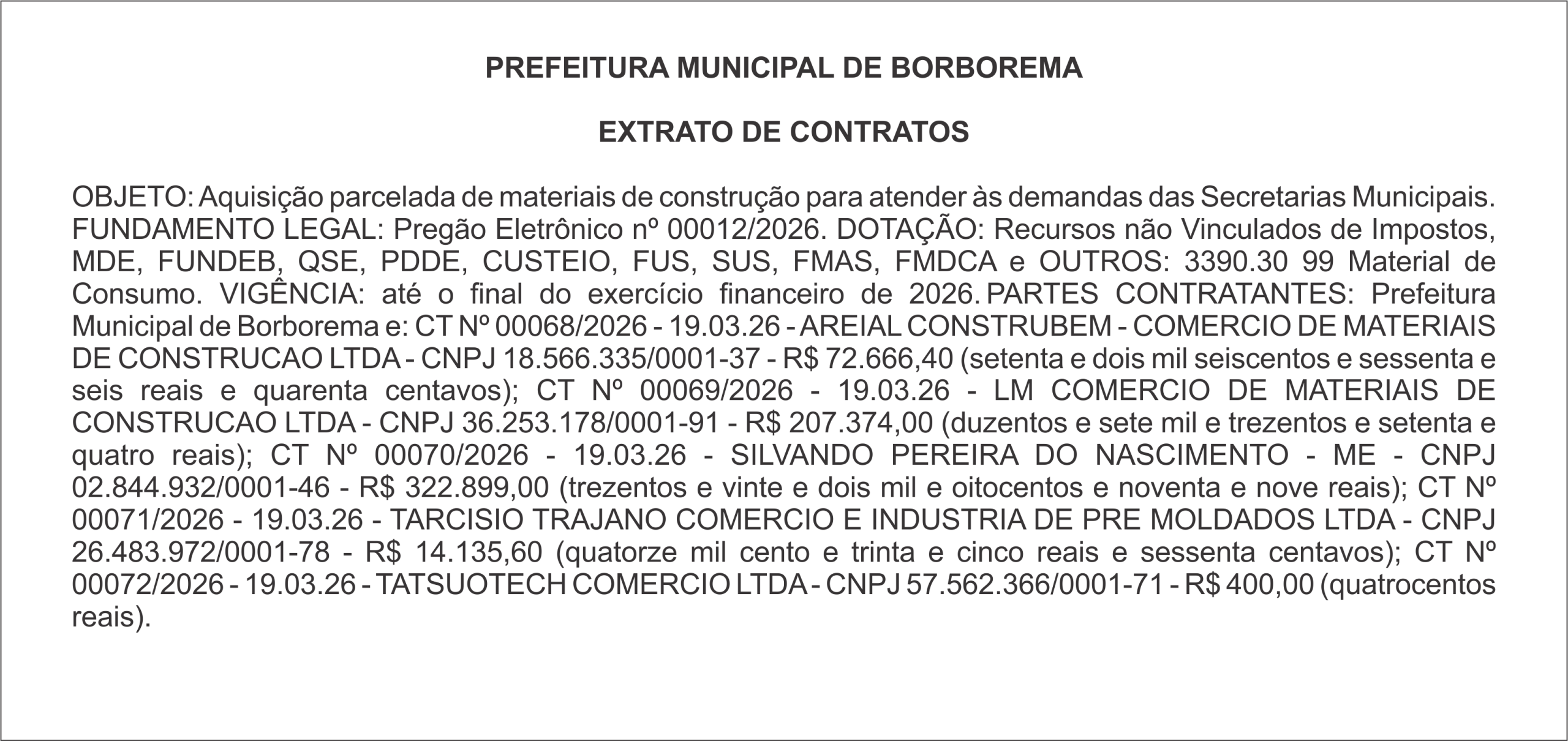 PREFEITURA MUNICIPAL DE BORBOREMA – EXTRATO DE CONTRATOS
