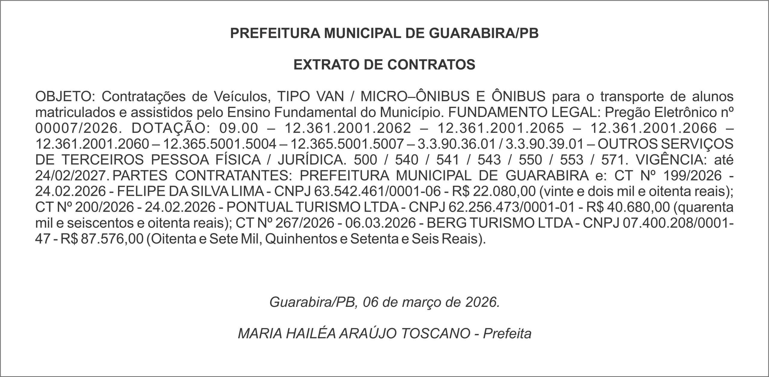 PREFEITURA MUNICIPAL DE GUARABIRA/PB  EXTRATO DE CONTRATOS