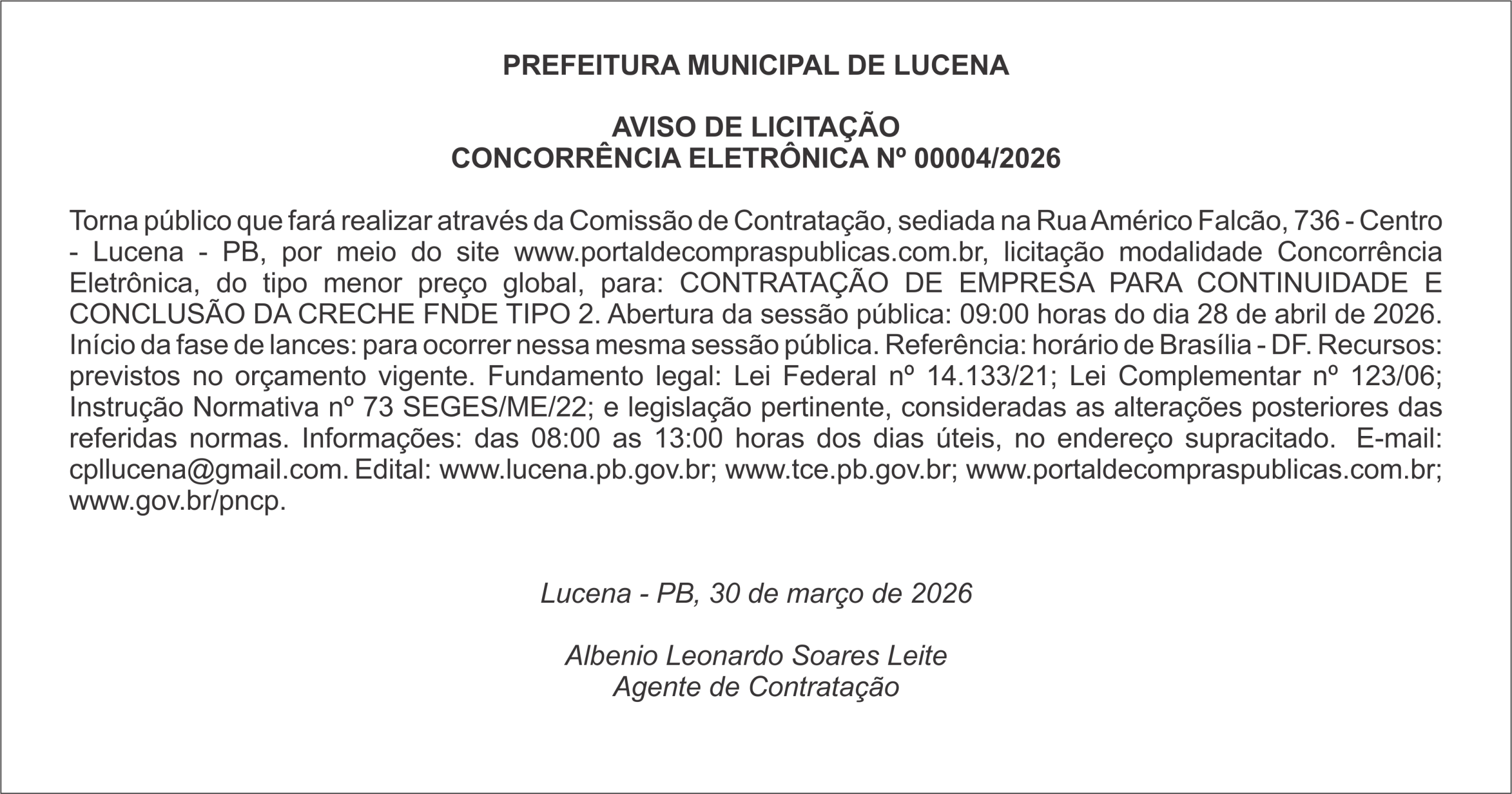 PREFEITURA DE LUCENA – AVISO DE LICITAÇÃO CONCORRÊNCIA ELETRÔNICA Nº 00004/2026