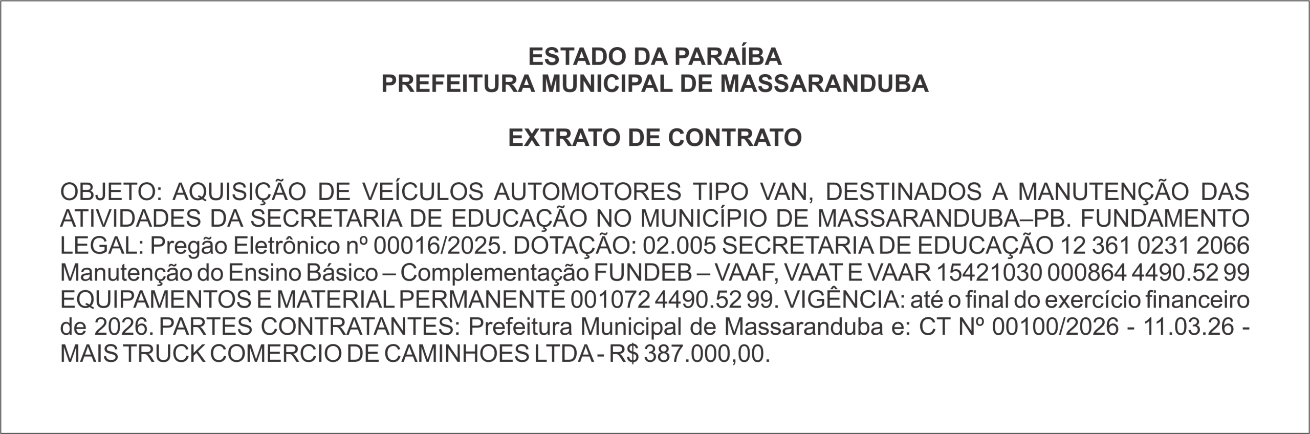 PREFEITURA MUNICIPAL DE MASSARANDUBA – EXTRATO DE CONTRATO