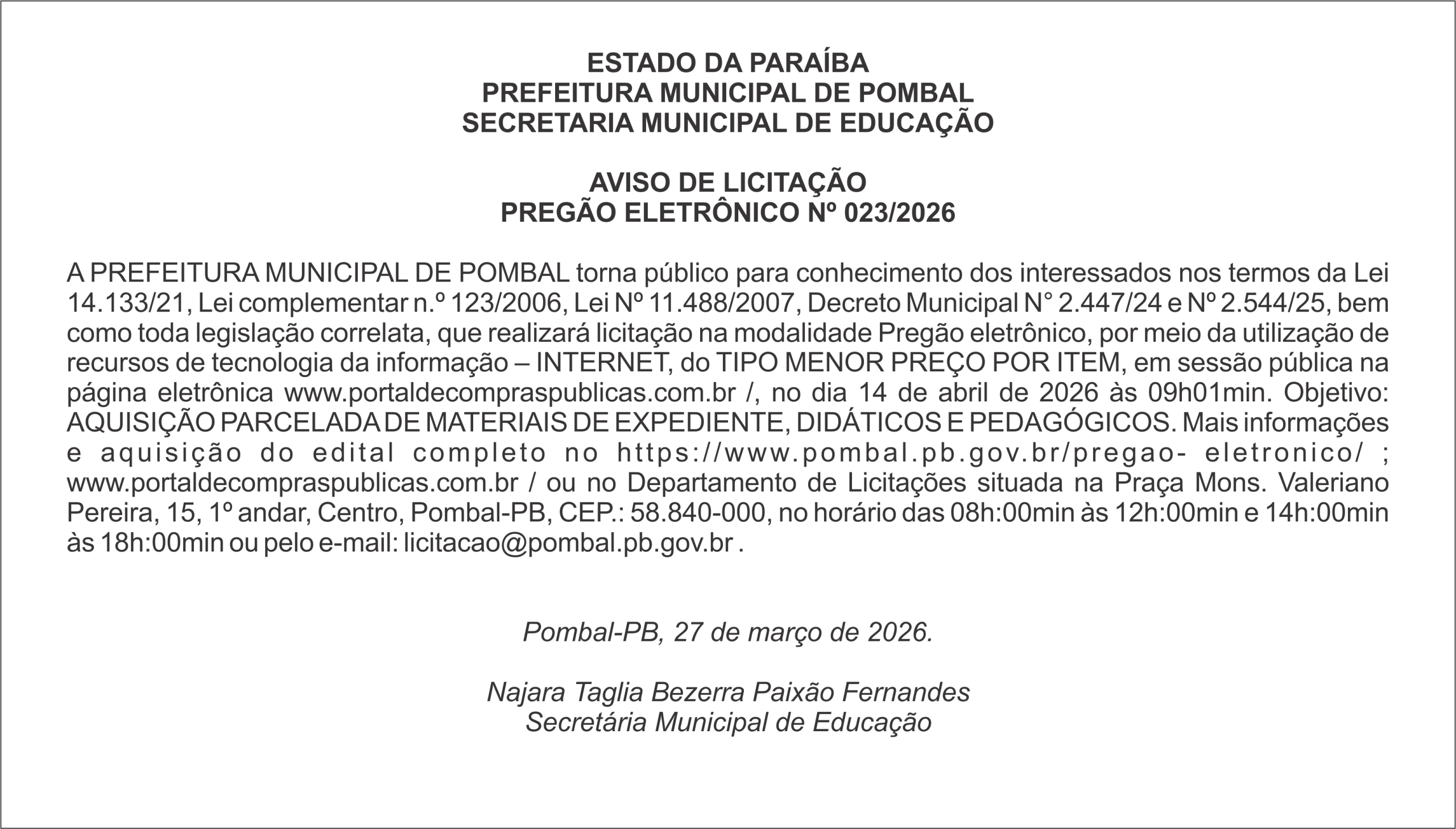 PREFEITURA MUNICIPAL DE POMBAL – AVISO DE LICITAÇÃO – PREGÃO ELETRÔNICO Nº 023/2026