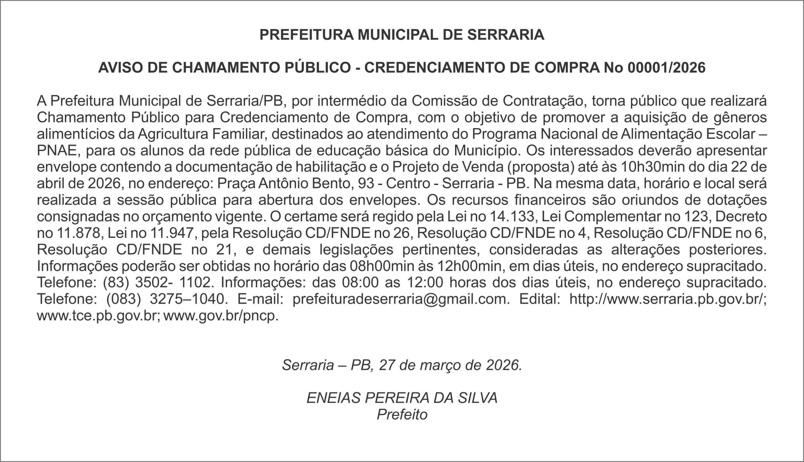 PREFEITURA MUNICIPAL DE SERRARIA – AVISO DE CHAMAMENTO PÚBLICO – CREDENCIAMENTO DE COMPRA No 00001/2026