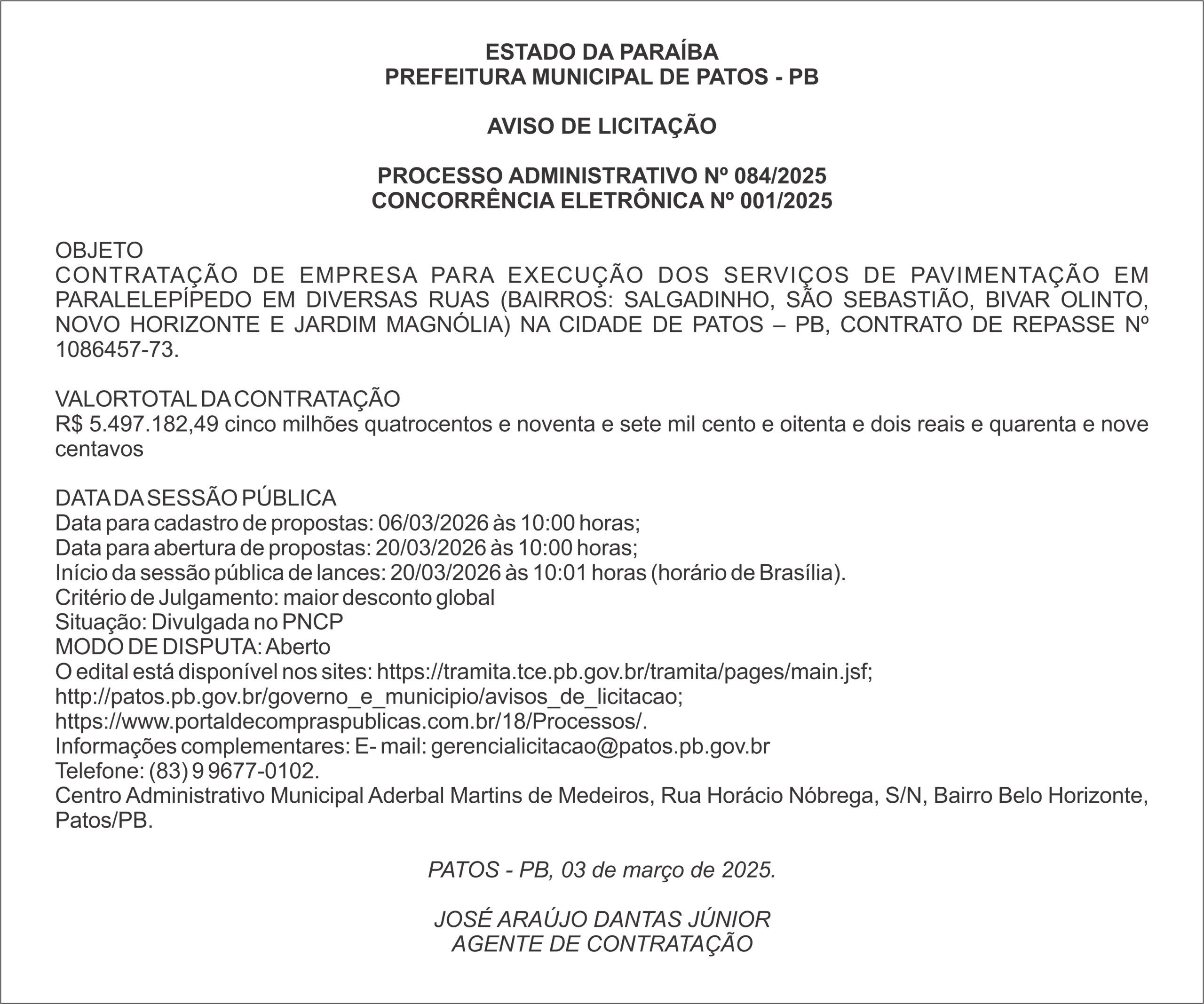 PREFEITURA MUNICIPAL DE PATOS – PB PROCESSO ADMINISTRATIVO Nº 084/2025