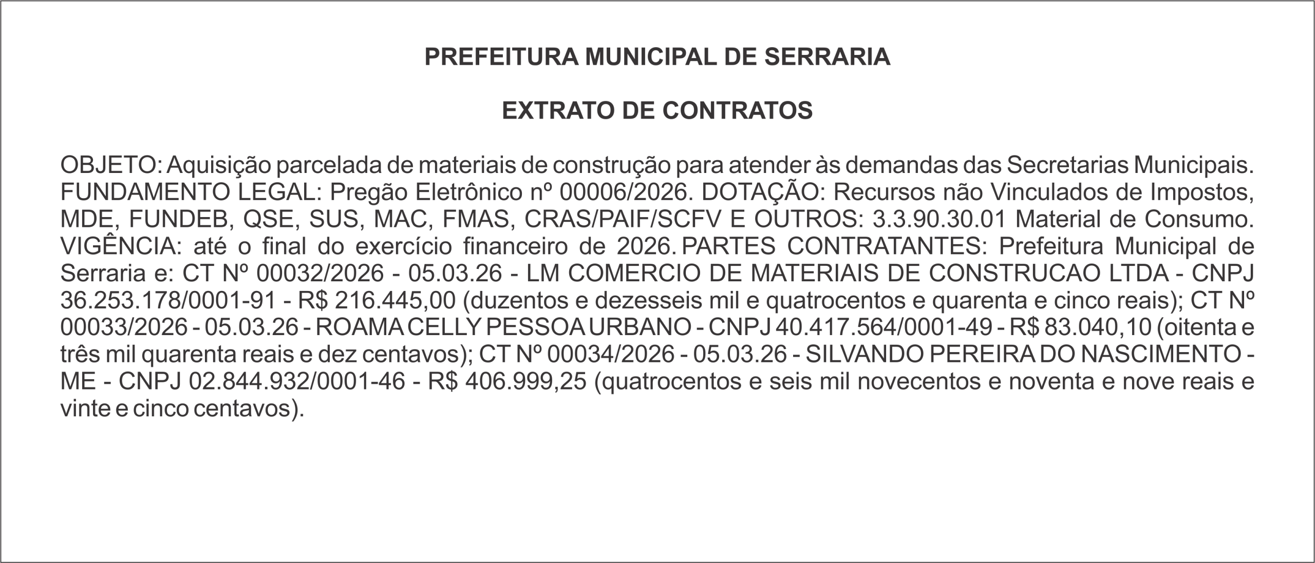 PREFEITURA MUNICIPAL DE SERRARIA – EXTRATO DE CONTRATOS