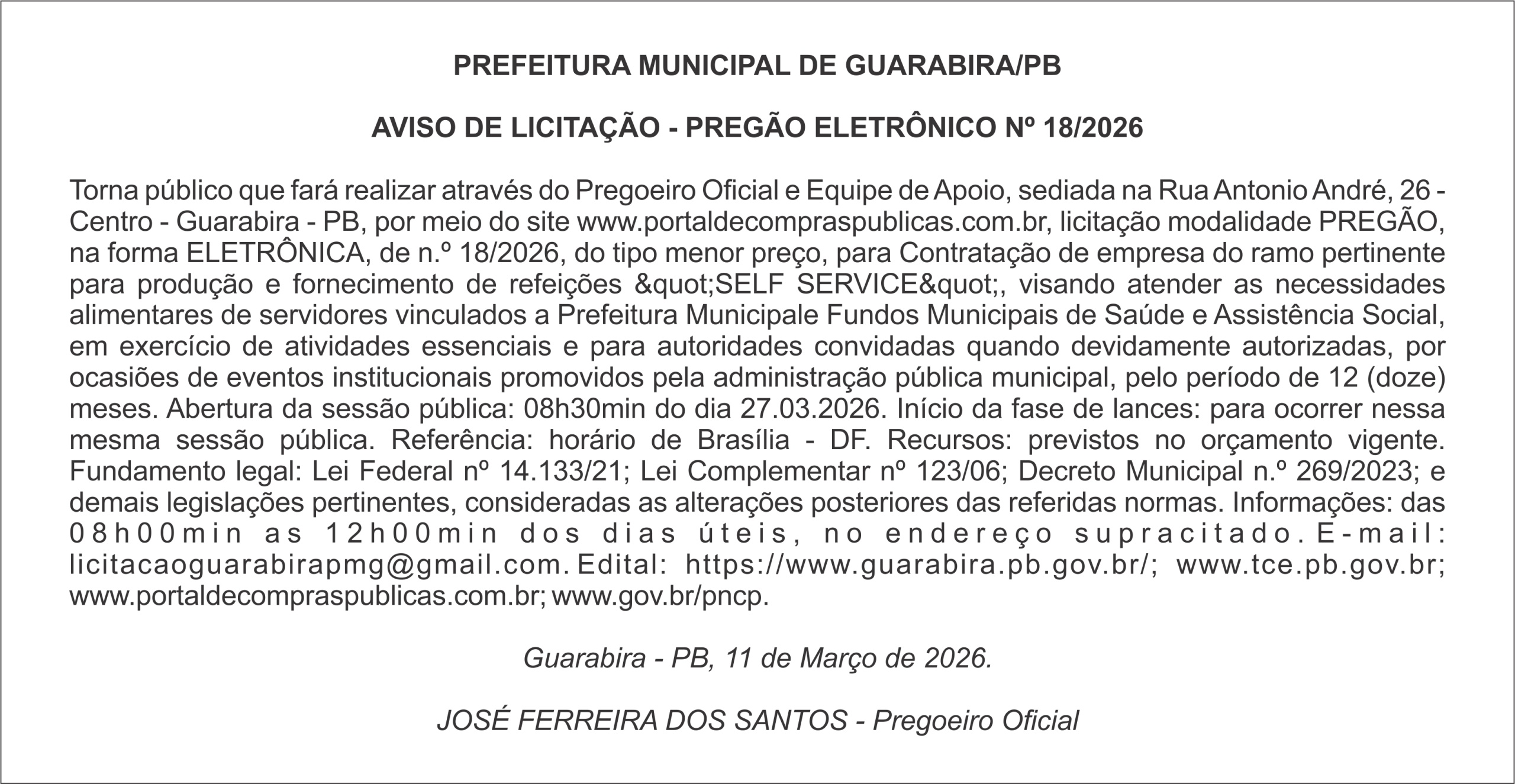 PREFEITURA MUNICIPAL DE GUARABIRA/PB AVISO DE LICITAÇÃO – PREGÃO ELETRÔNICO Nº 18/2026