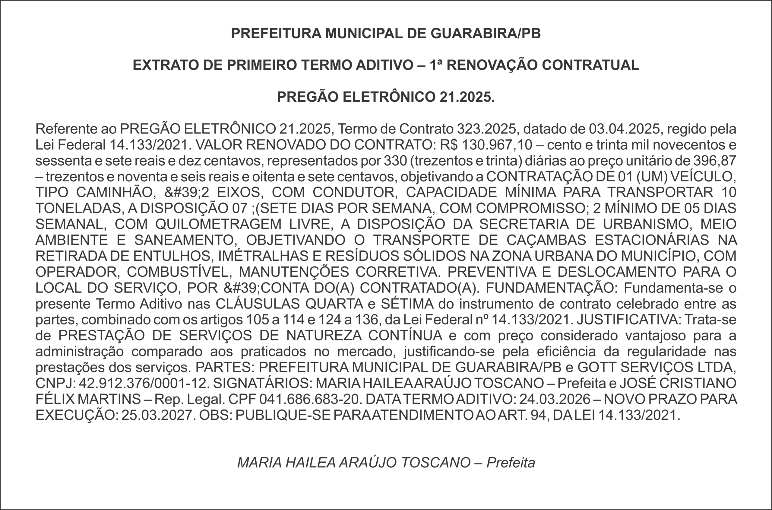 PREFEITURA MUNICIPAL DE GUARABIRA/PB – EXTRATO DE PRIMEIRO TERMO ADITIVO – 1ª RENOVAÇÃO CONTRATUAL  PREGÃO ELETRÔNICO 21.2025.