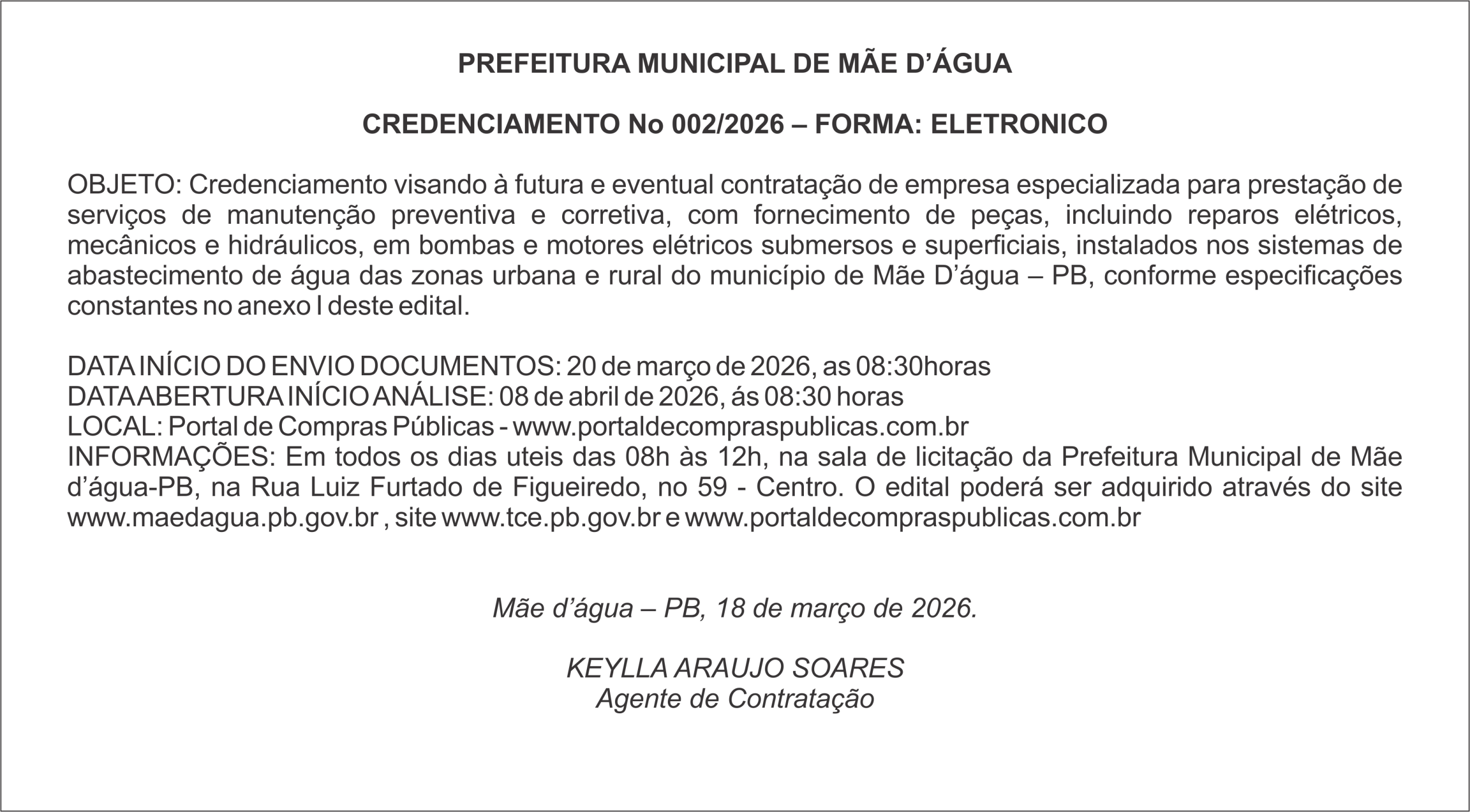 PREFEITURA MUNICIPAL DE MÃE D’ÁGUA – CREDENCIAMENTO No 002/2026