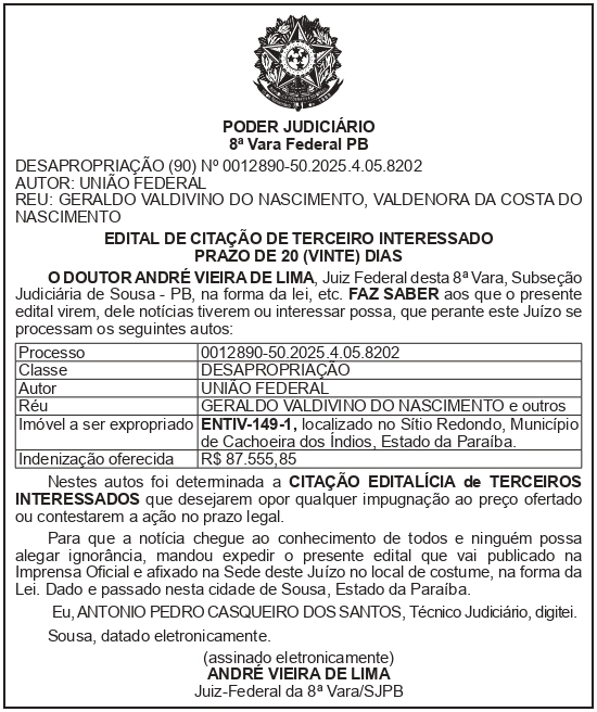 SECRETARIA NACIONAL DE SEGURANÇA HIDRICA – SNSH – MDR – DF – BRASÍLIA – Edital de Citação de Terceiro Interessado – ENTIV-149-1 (GERALDO VALDIVINO DO NASCIMENTO)