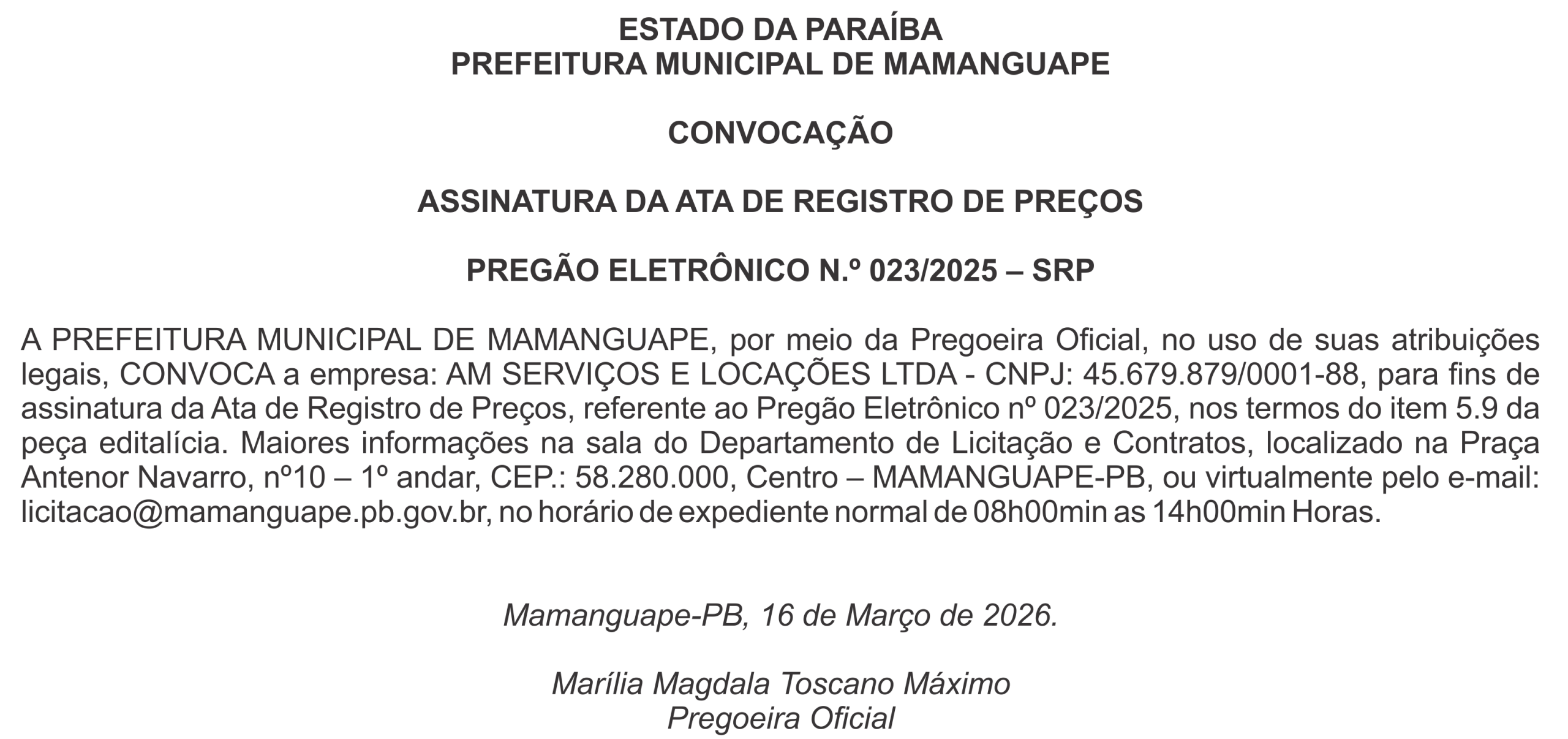 PREFEITURA MUNICIPAL DE MAMANGUAPE  CONVOCAÇÃO  ASSINATURA DA ATA DE REGISTRO DE PREÇOS
