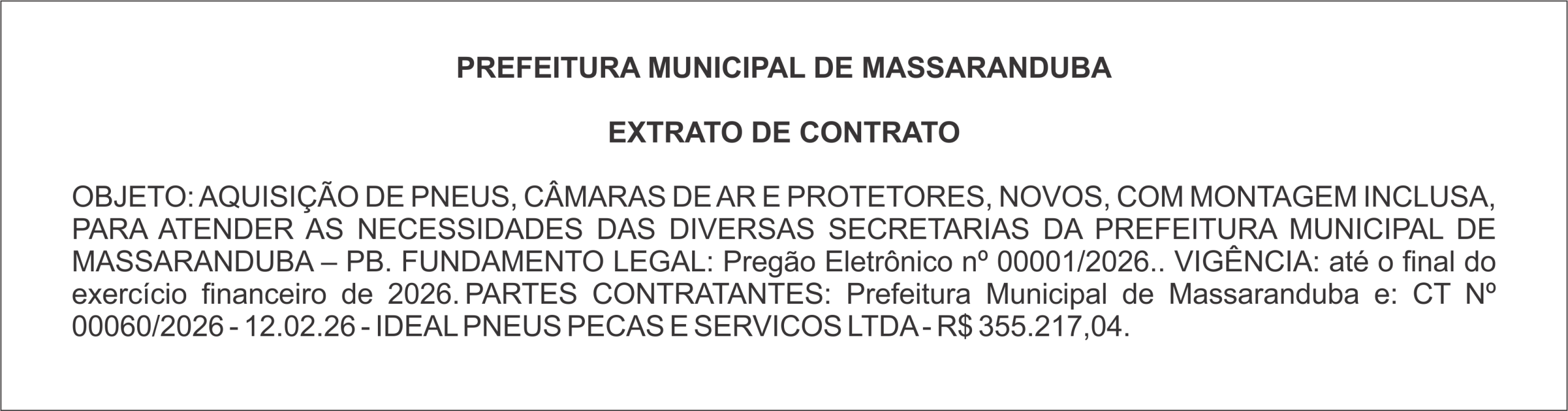 PREFEITURA DE MASSARANDUBA – EXTRATO DE CONTRATO