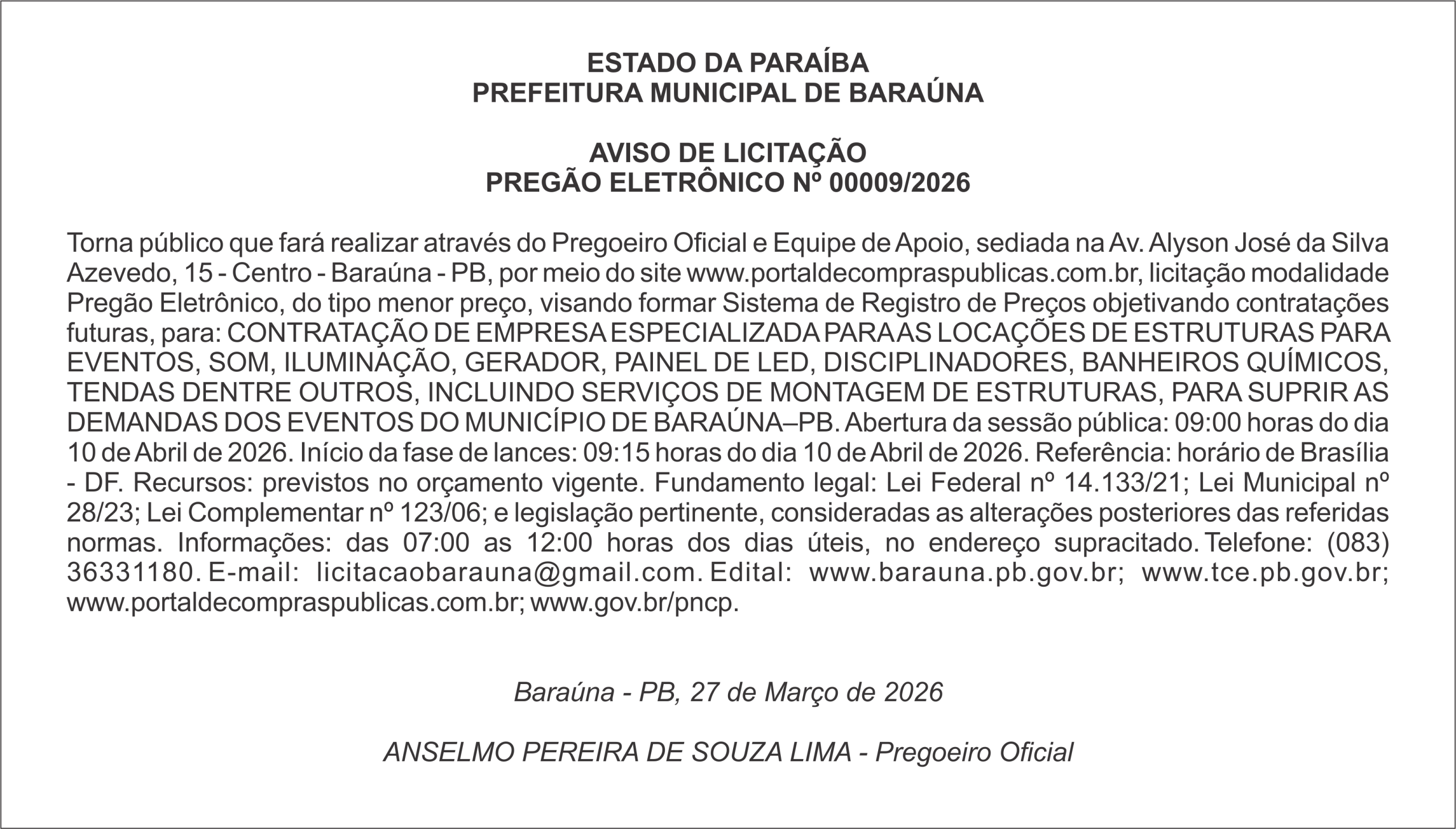PREFEITURA MUNICIPAL DE BARAÚNA – AVISO DE LICITAÇÃO PREGÃO ELETRÔNICO Nº 00009/2026