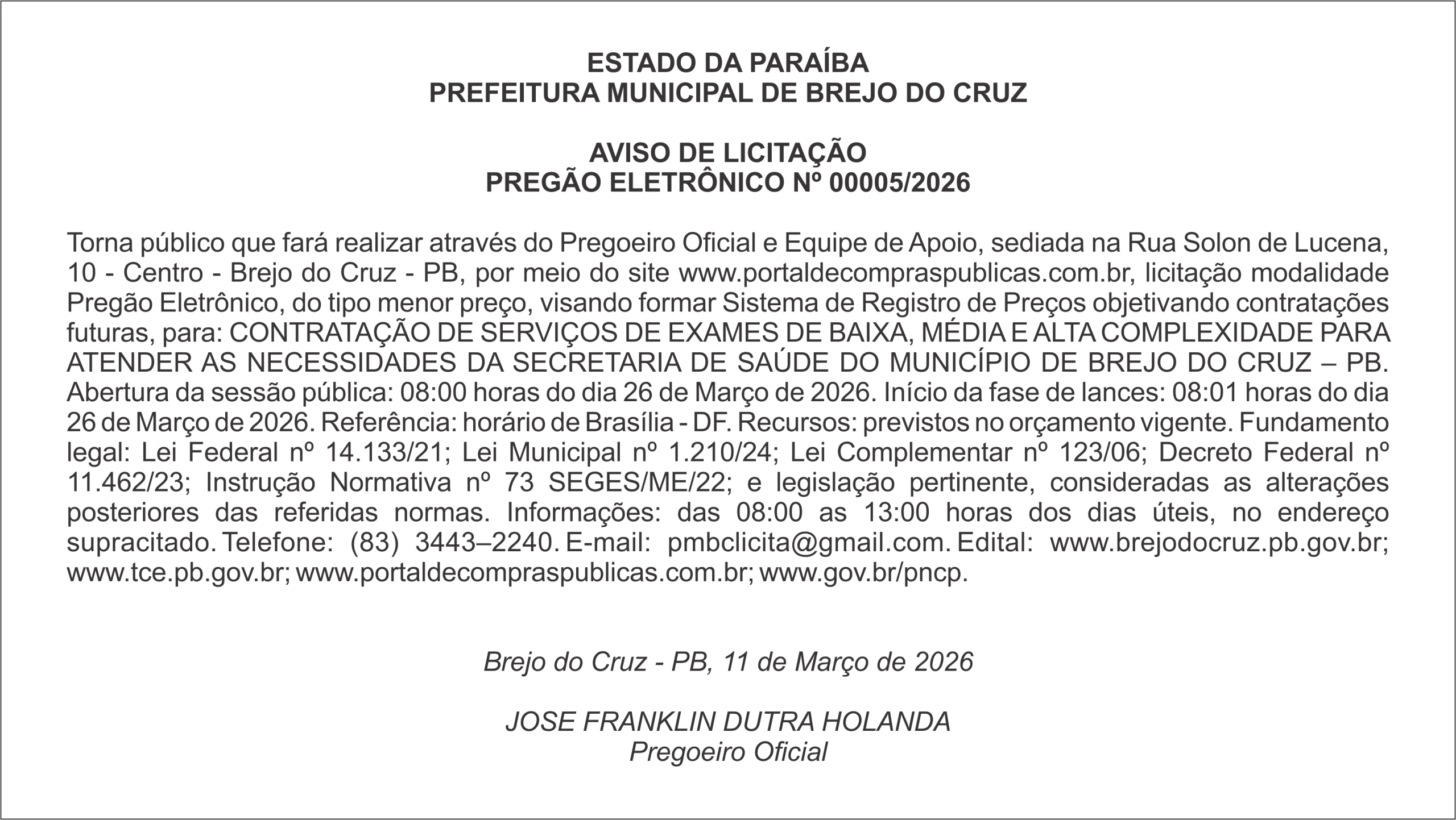 PREFEITURA MUNICIPAL DE BREJO DO CRUZ  –  AVISO DE LICITAÇÃO PREGÃO ELETRÔNICO Nº 00005/2026