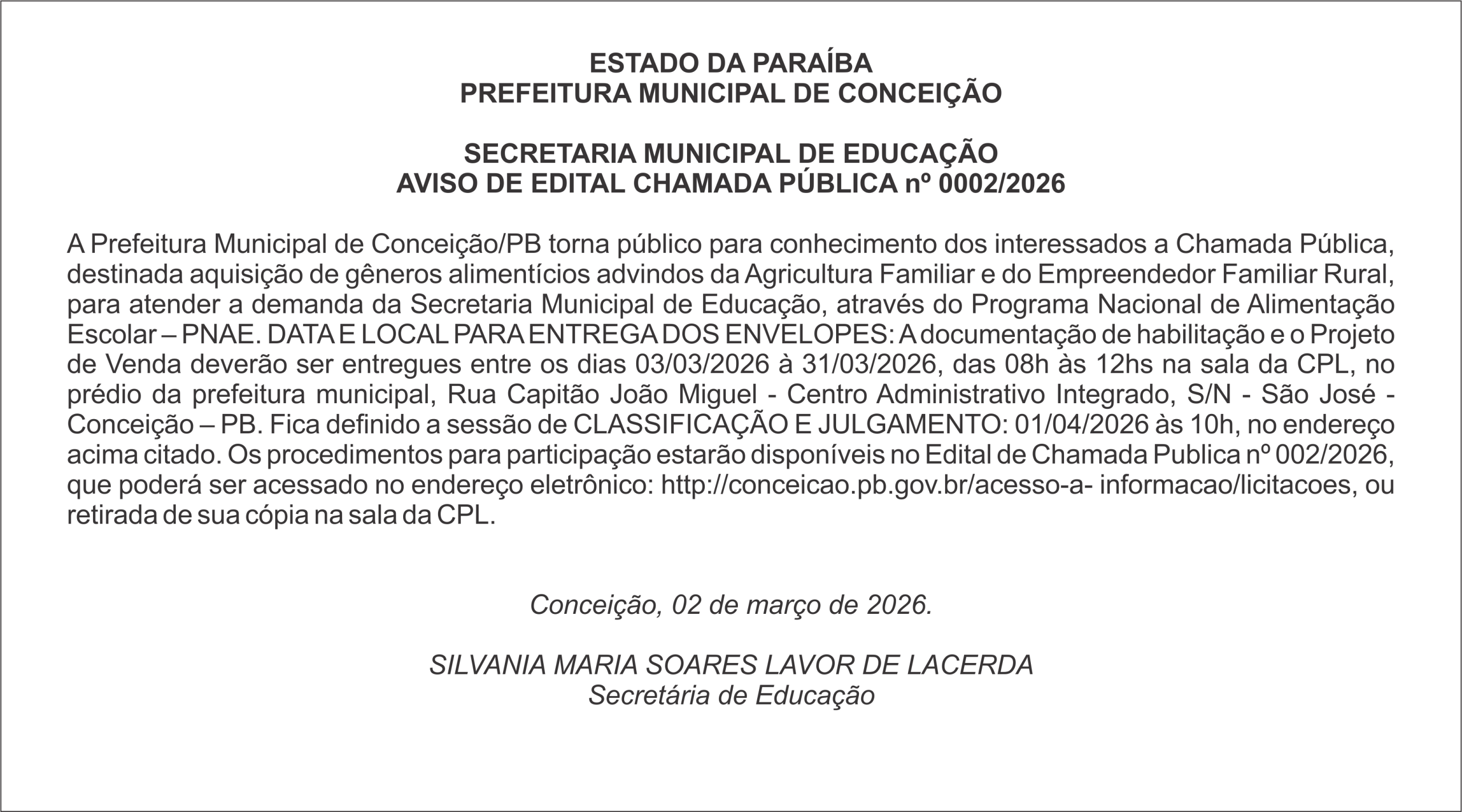 PREFEITURA MUNICIPAL DE CONCEIÇÃO – AVISO DE EDITAL – CHAMADA PÚBLICA nº 0002/2026
