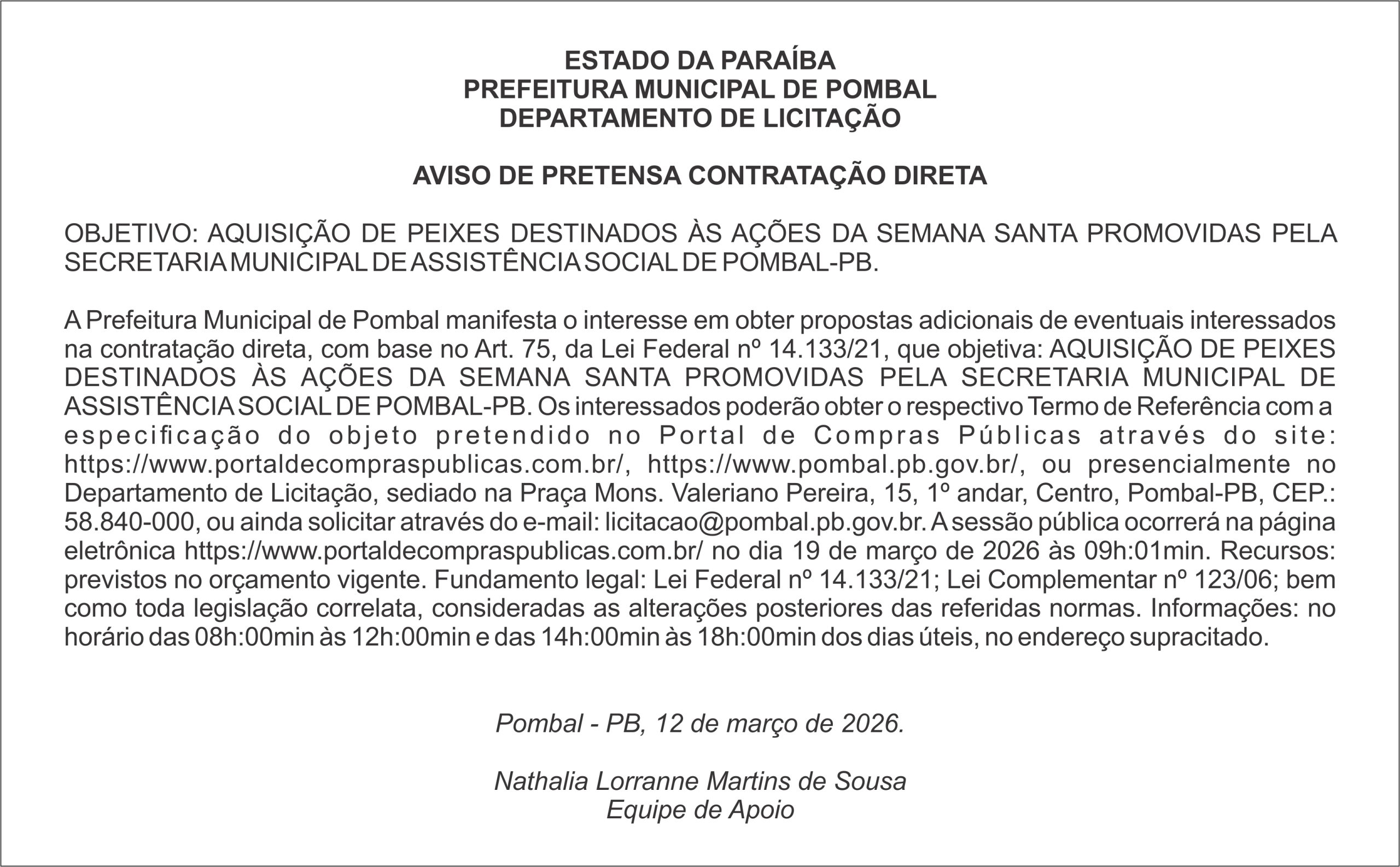 PREFEITURA MUNICIPAL DE POMBAL – AVISO DE PRETENSA CONTRATAÇÃO DIRETA