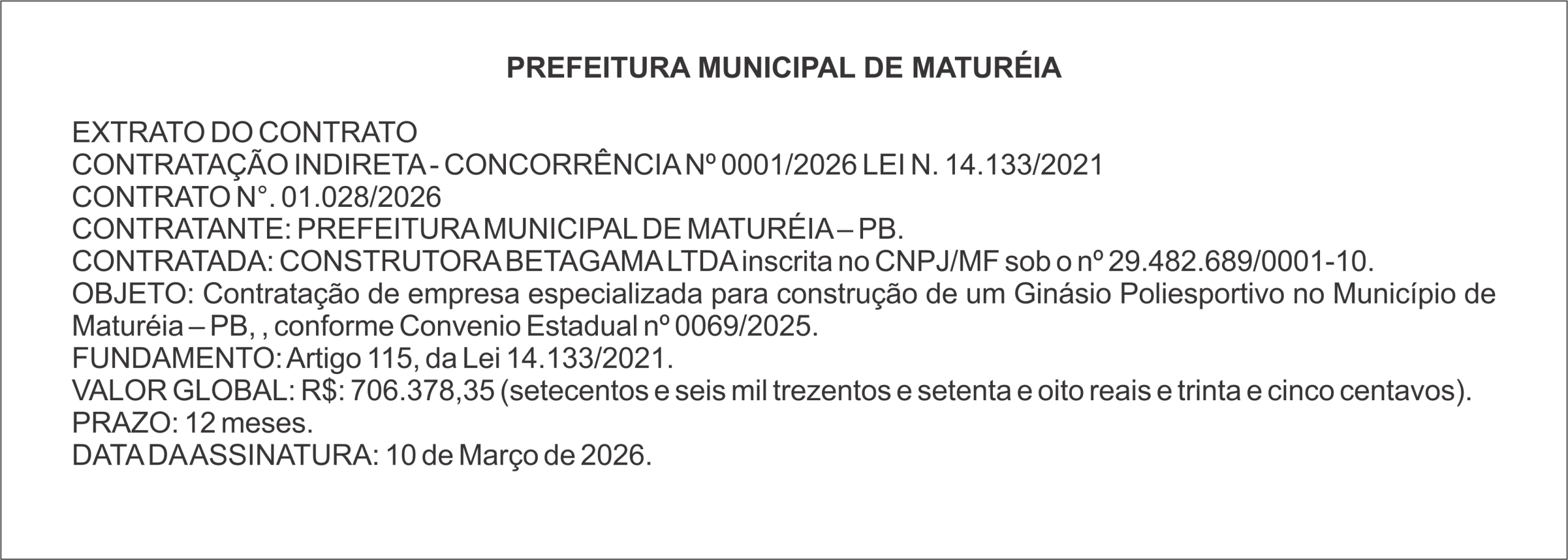 PREFEITURA DE MATURÉIA  – EXTRATO DO CONTRATO