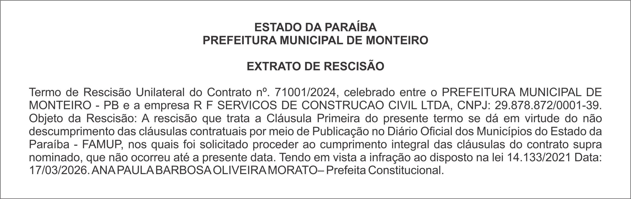 PREFEITURA MUNICIPAL DE MONTEIRO – EXTRATO DE RESCISÃO