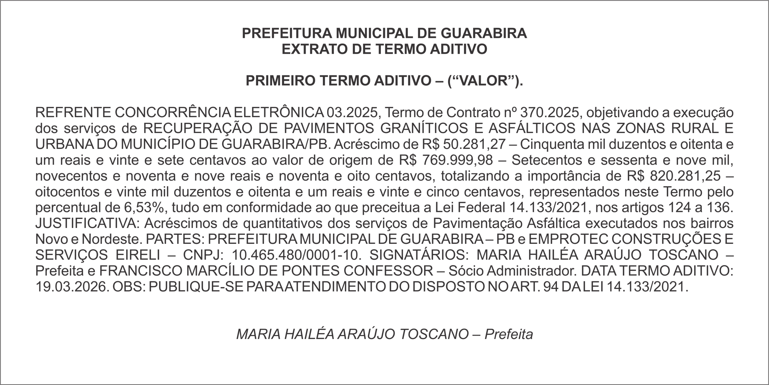 PREFEITURA MUNICIPAL DE GUARABIRA EXTRATO DE TERMO ADITIVO