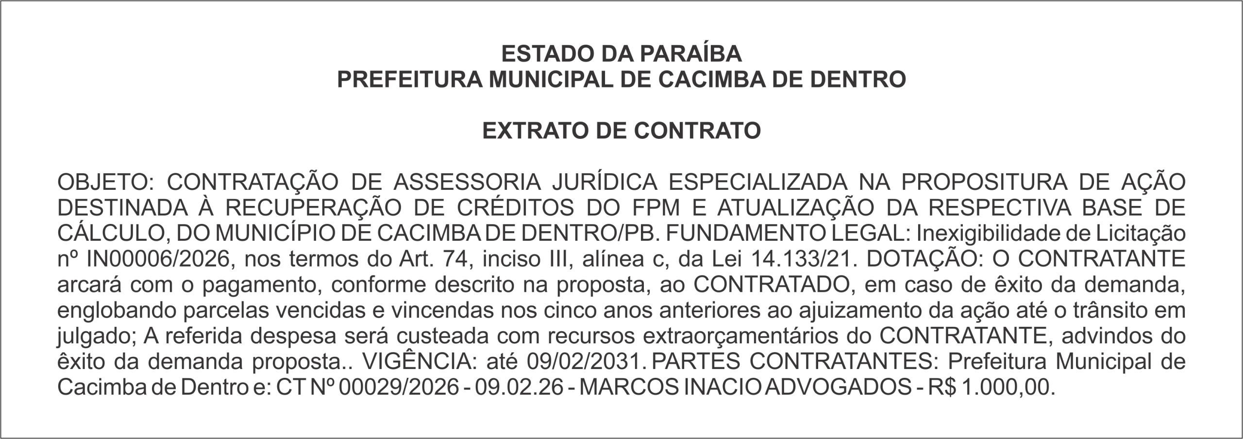 PREFEITURA MUNICIPAL DE CACIMBA DE DENTRO – EXTRATO DE CONTRATO