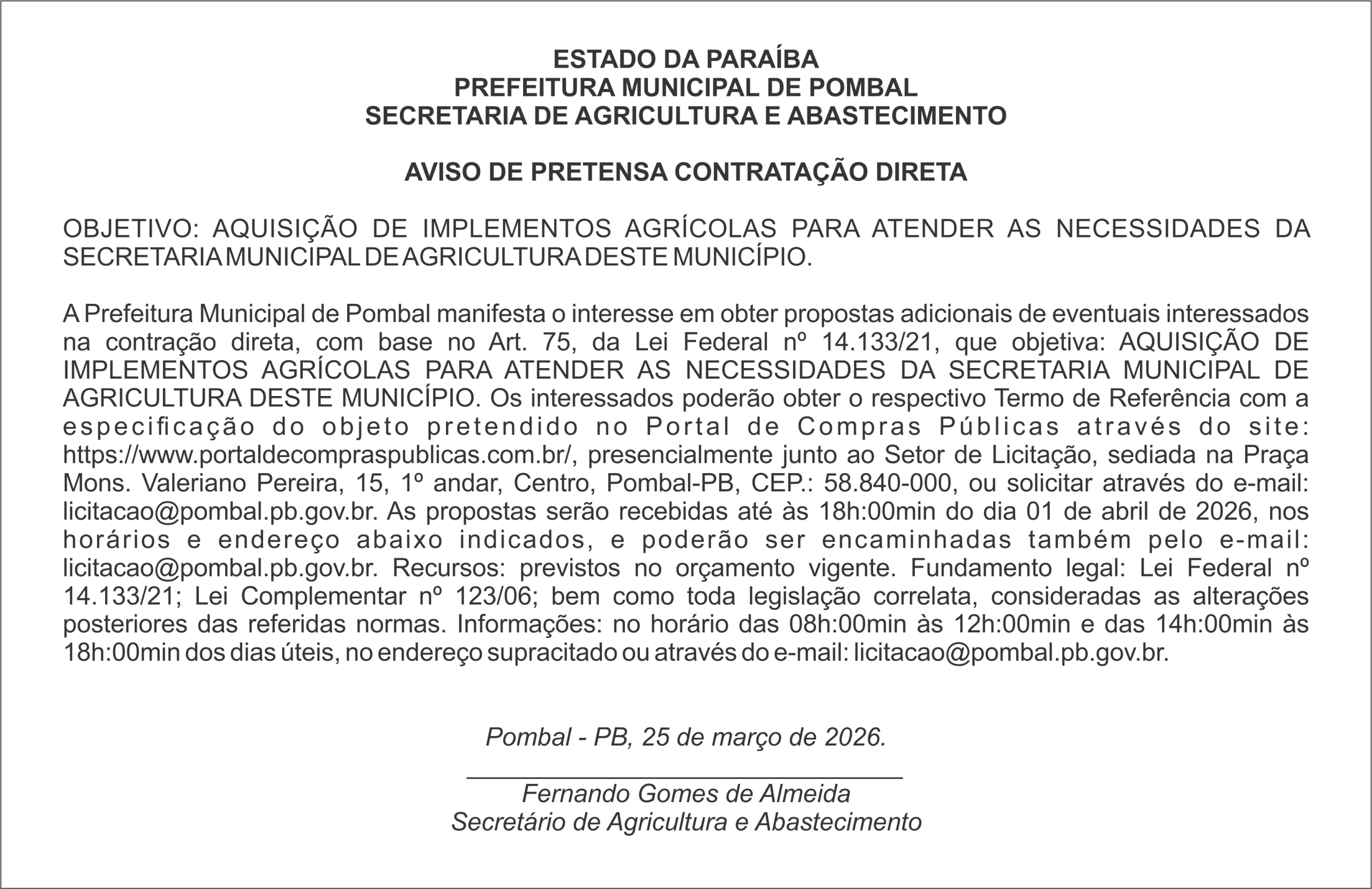PREFEITURA MUNICIPAL DE POMBAL – AVISO DE PRETENSA CONTRATAÇÃO DIRETA