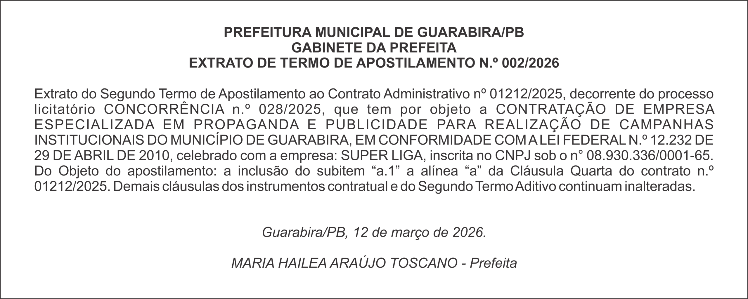 PREFEITURA MUNICIPAL DE GUARABIRA/PB – EXTRATO DE TERMO DE APOSTILAMENTO N.º 002/2026
