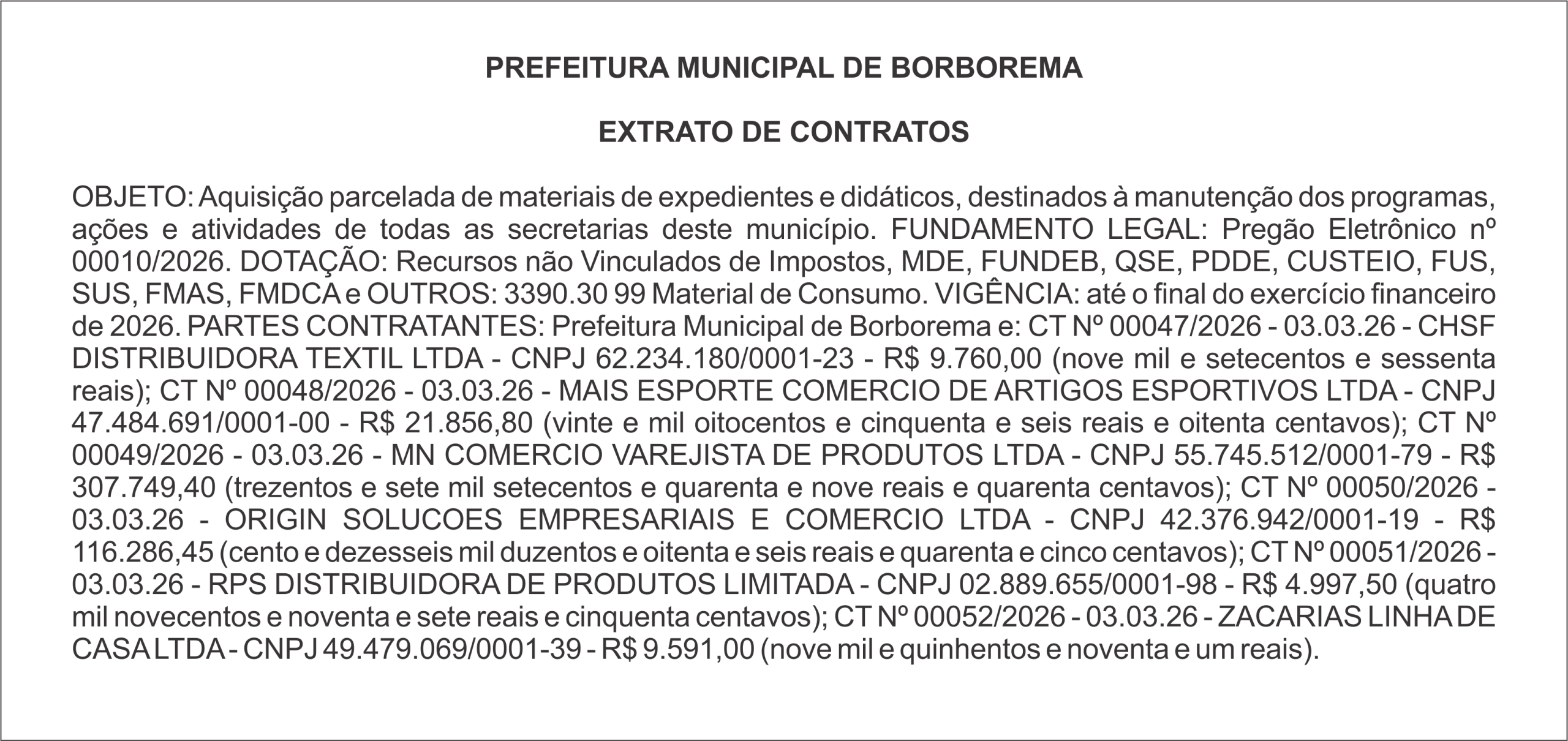 PREFEITURA MUNICIPAL DE BORBOREMA EXTRATO DE CONTRATOS