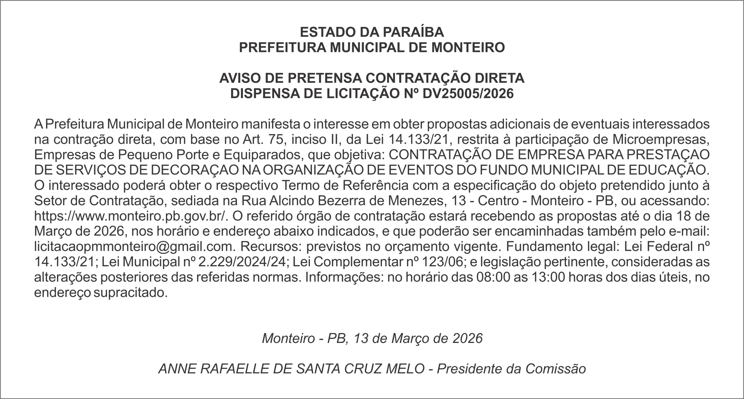 PREFEITURA MUNICIPAL DE MONTEIRO – AVISO DE PRETENSA CONTRATAÇÃO DIRETA