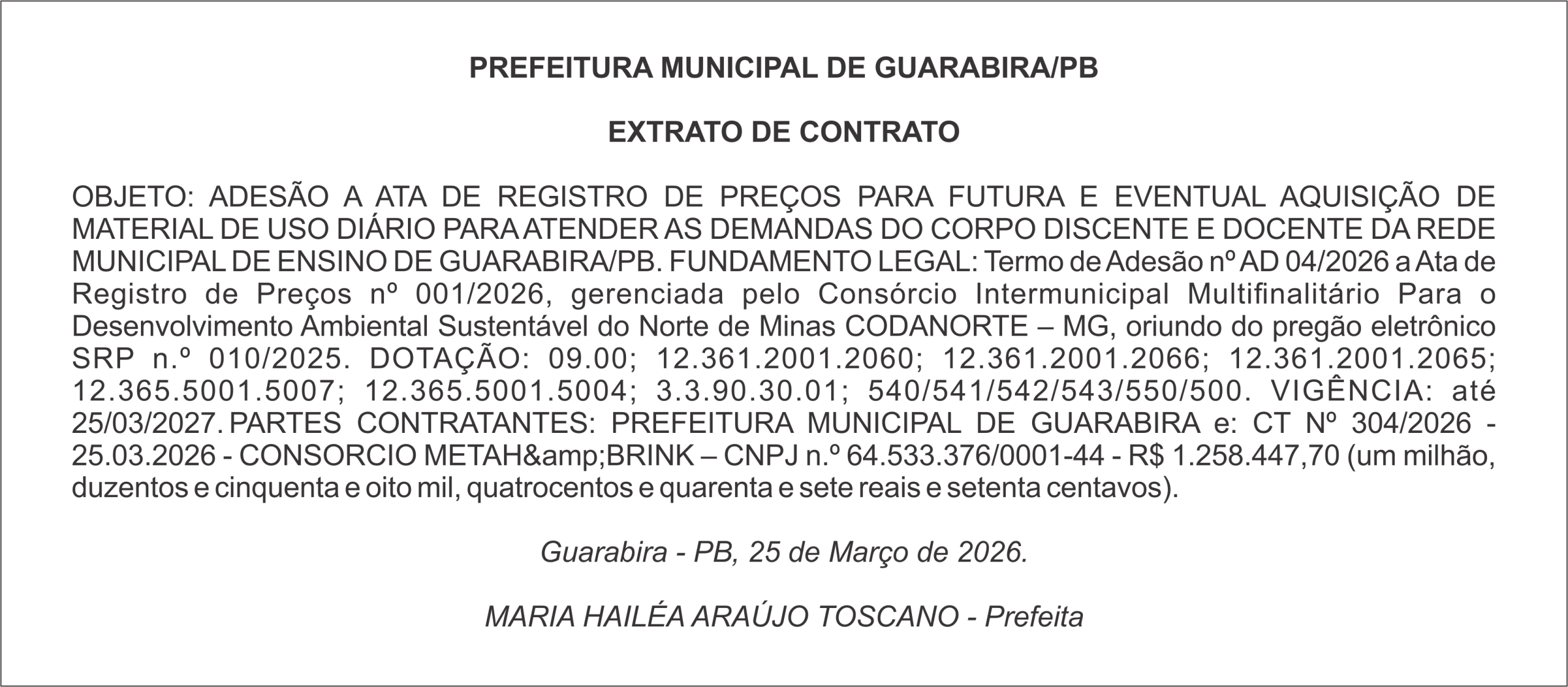 PREFEITURA MUNICIPAL DE GUARABIRA/PB EXTRATO DE CONTRATO