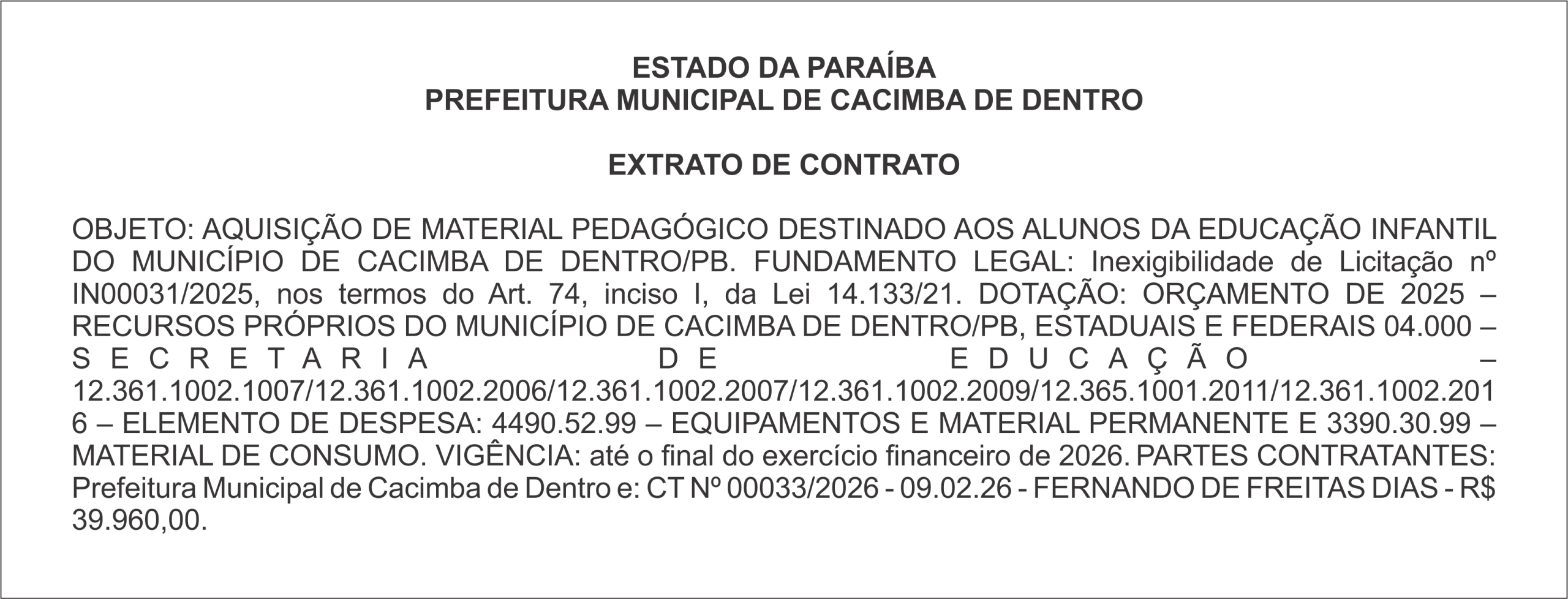 PREFEITURA MUNICIPAL DE CACIMBA DE DENTRO  EXTRATO DE CONTRATO