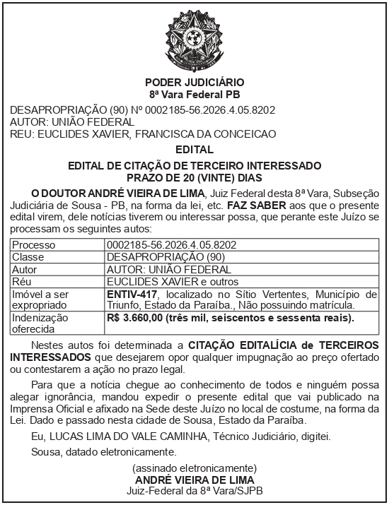 SECRETARIA NACIONAL DE SEGURANÇA HIDRICA – SNSH – MDR – DF – BRASÍLIA – Edital de Citação de Terceiro Interessado – ENTIV-417 (EUCLIDES XAVIER)
