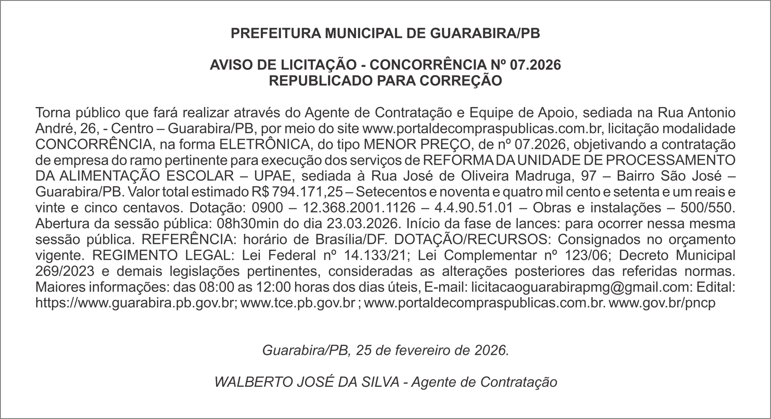 PREFEITURA MUNICIPAL DE GUARABIRA/PB AVISO DE LICITAÇÃO – CONCORRÊNCIA Nº 07.2026 REPUBLICADO PARA CORREÇÃO