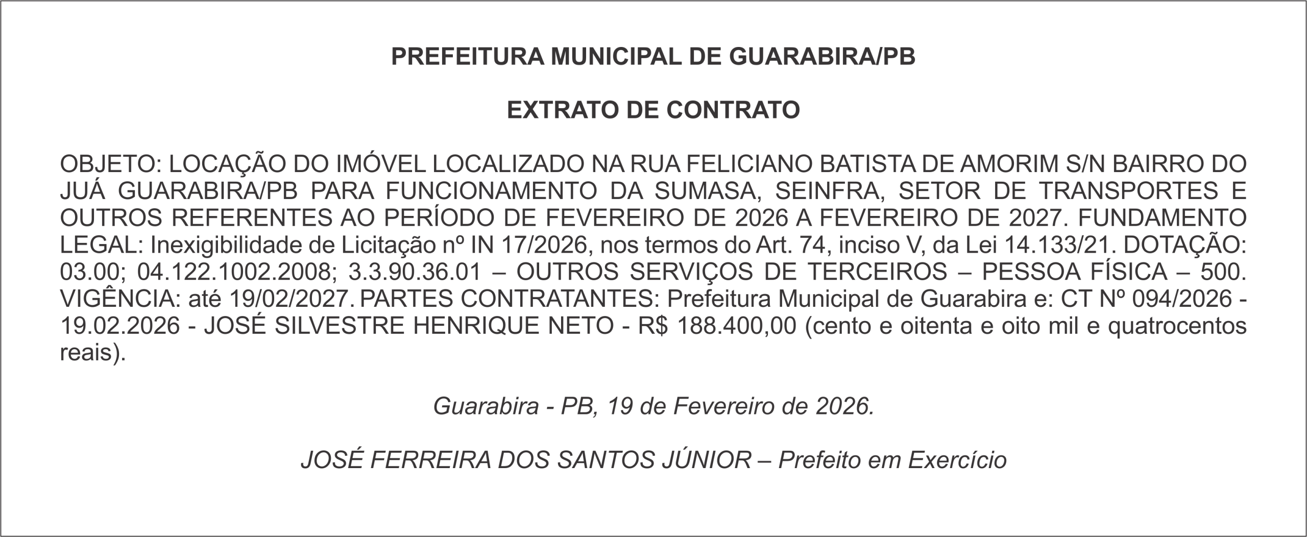 PREFEITURA MUNICIPAL DE GUARABIRA/PB EXTRATO DE CONTRATO