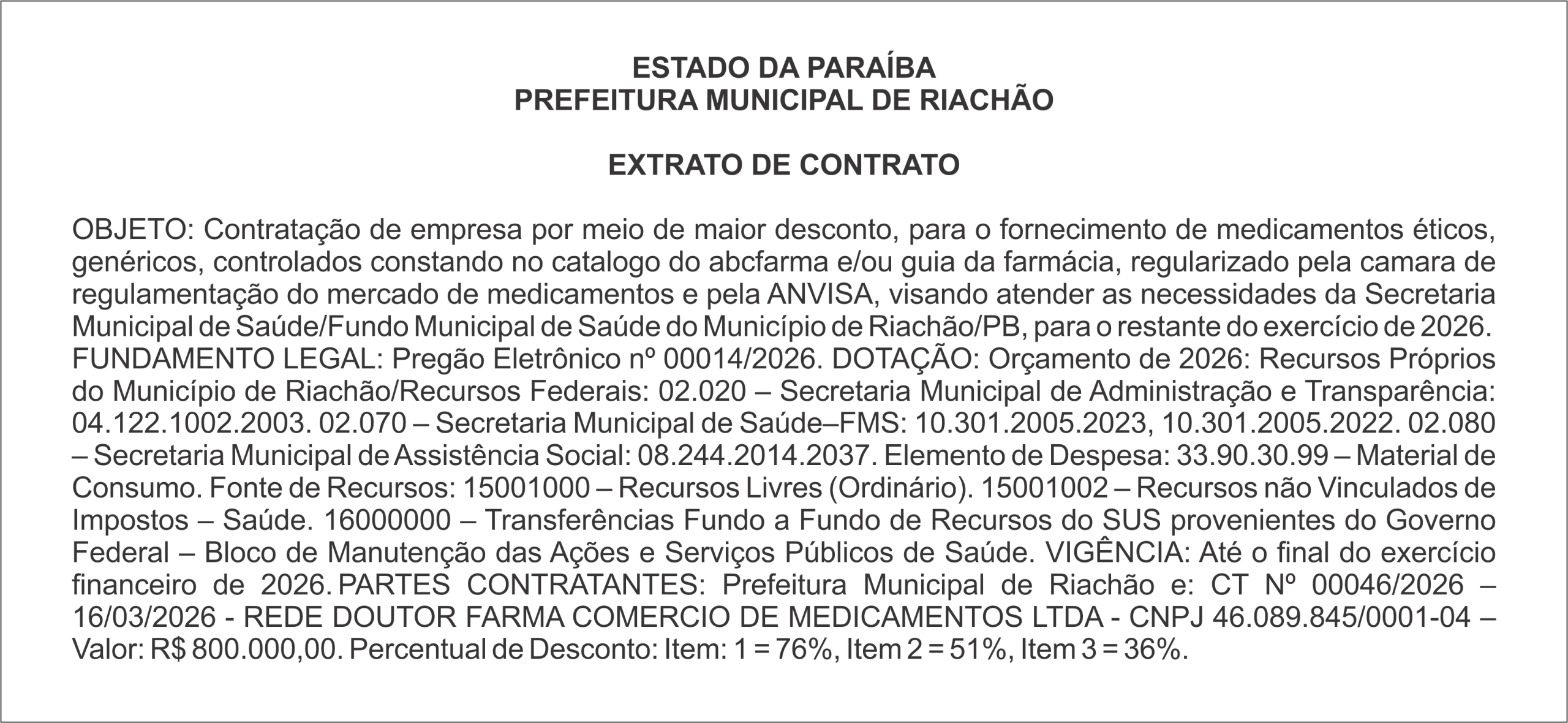 PREFEITURA MUNICIPAL DE RIACHÃO – EXTRATO DE CONTRATO