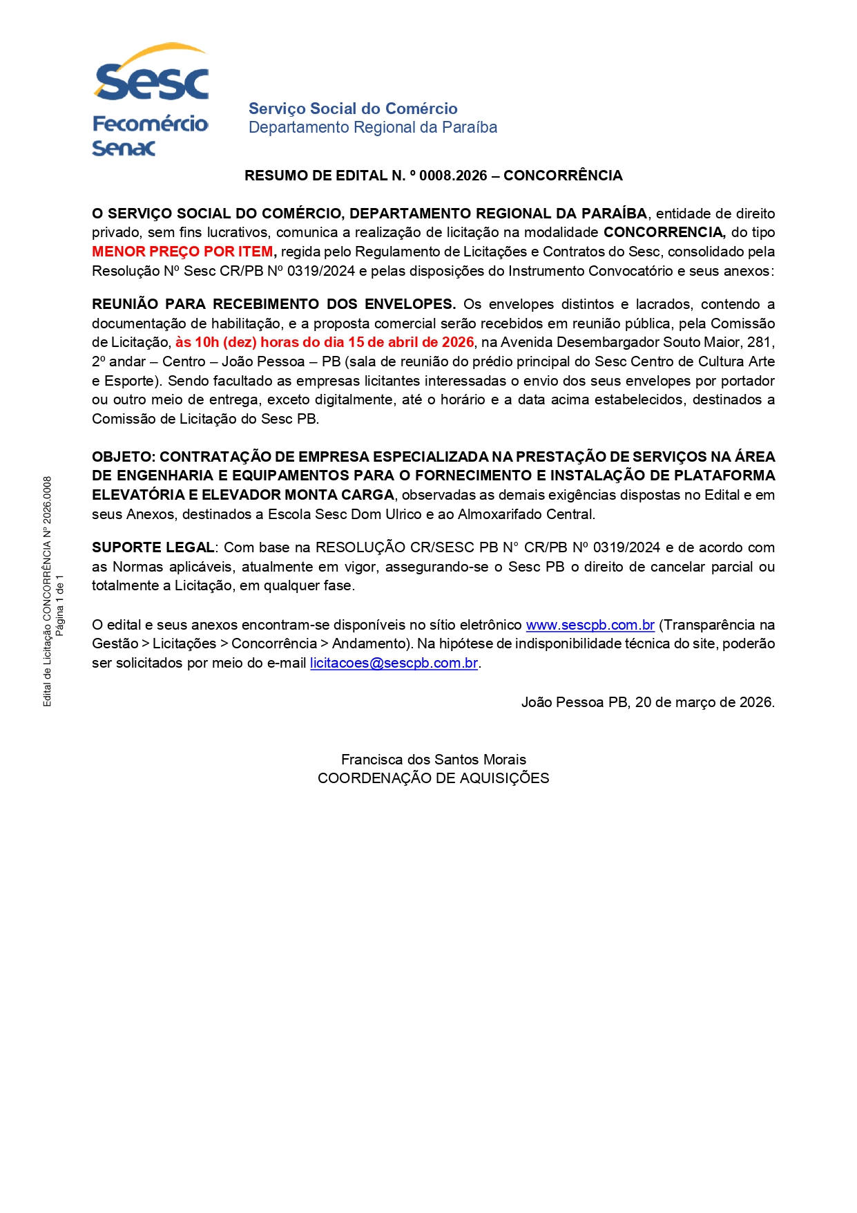 SESC – RESUMO DE EDITAL N. º 0008.2026 – CONCORRÊNCIA