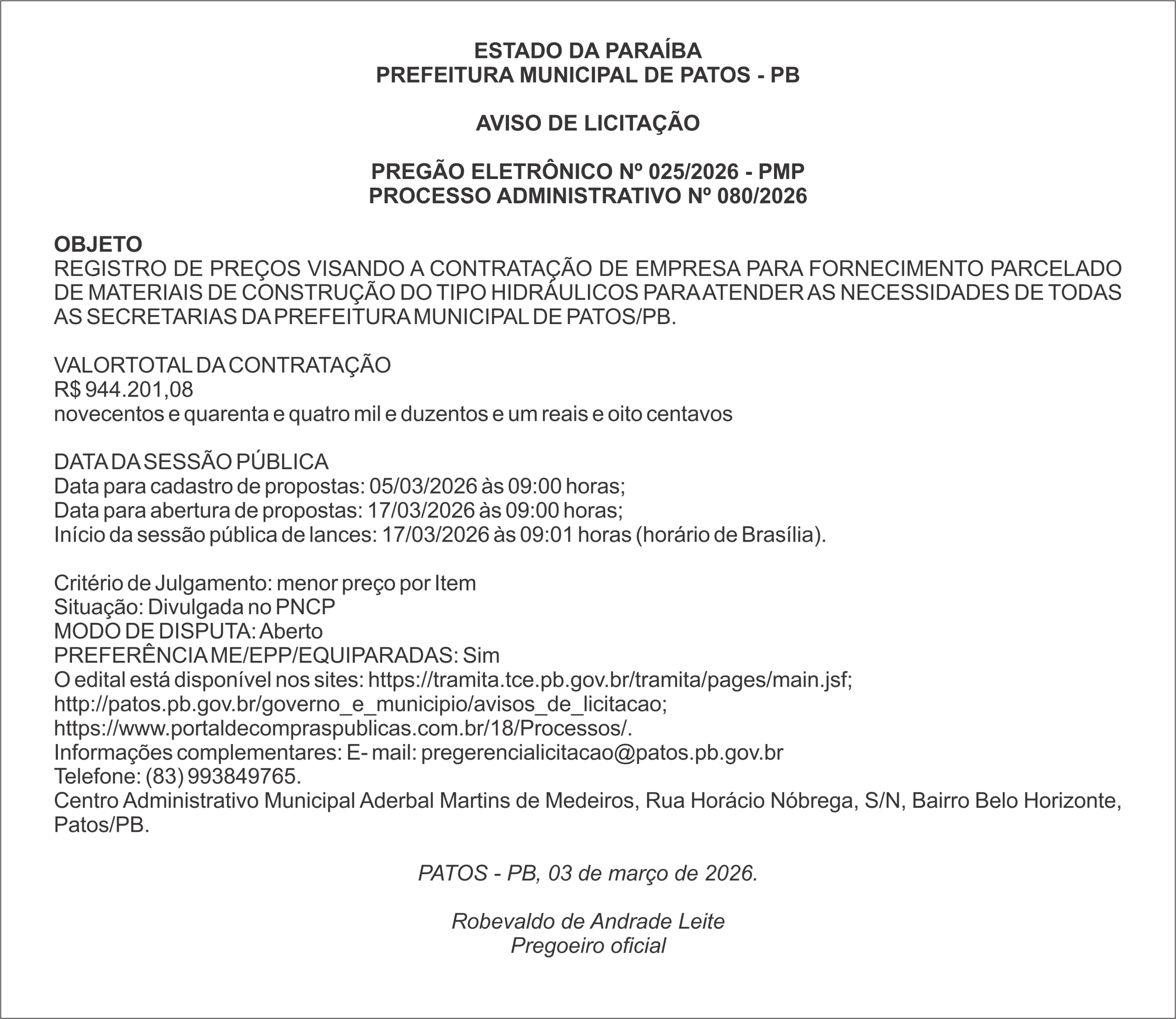 PREFEITURA MUNICIPAL DE PATOS – PB PREGÃO ELETRÔNICO Nº 025/2026 – PMP
