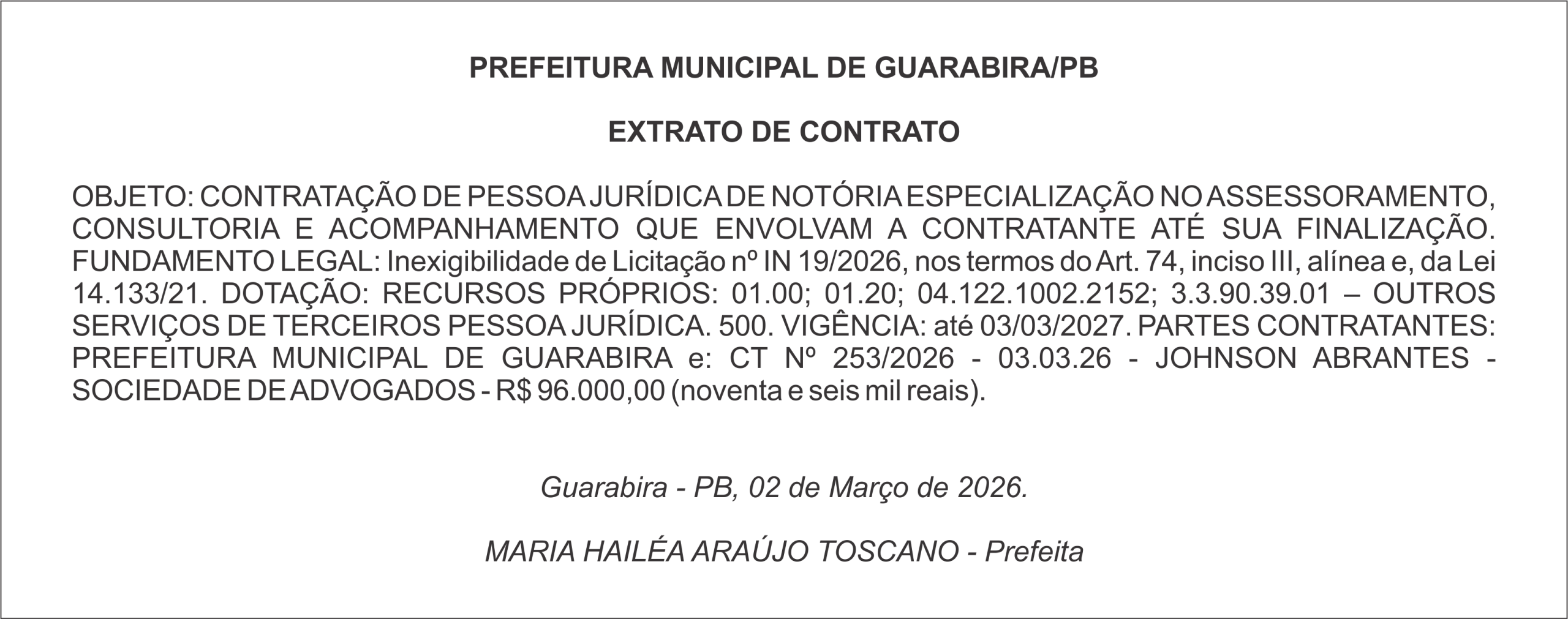 PREFEITURA MUNICIPAL DE GUARABIRA/PB EXTRATO DE CONTRATO