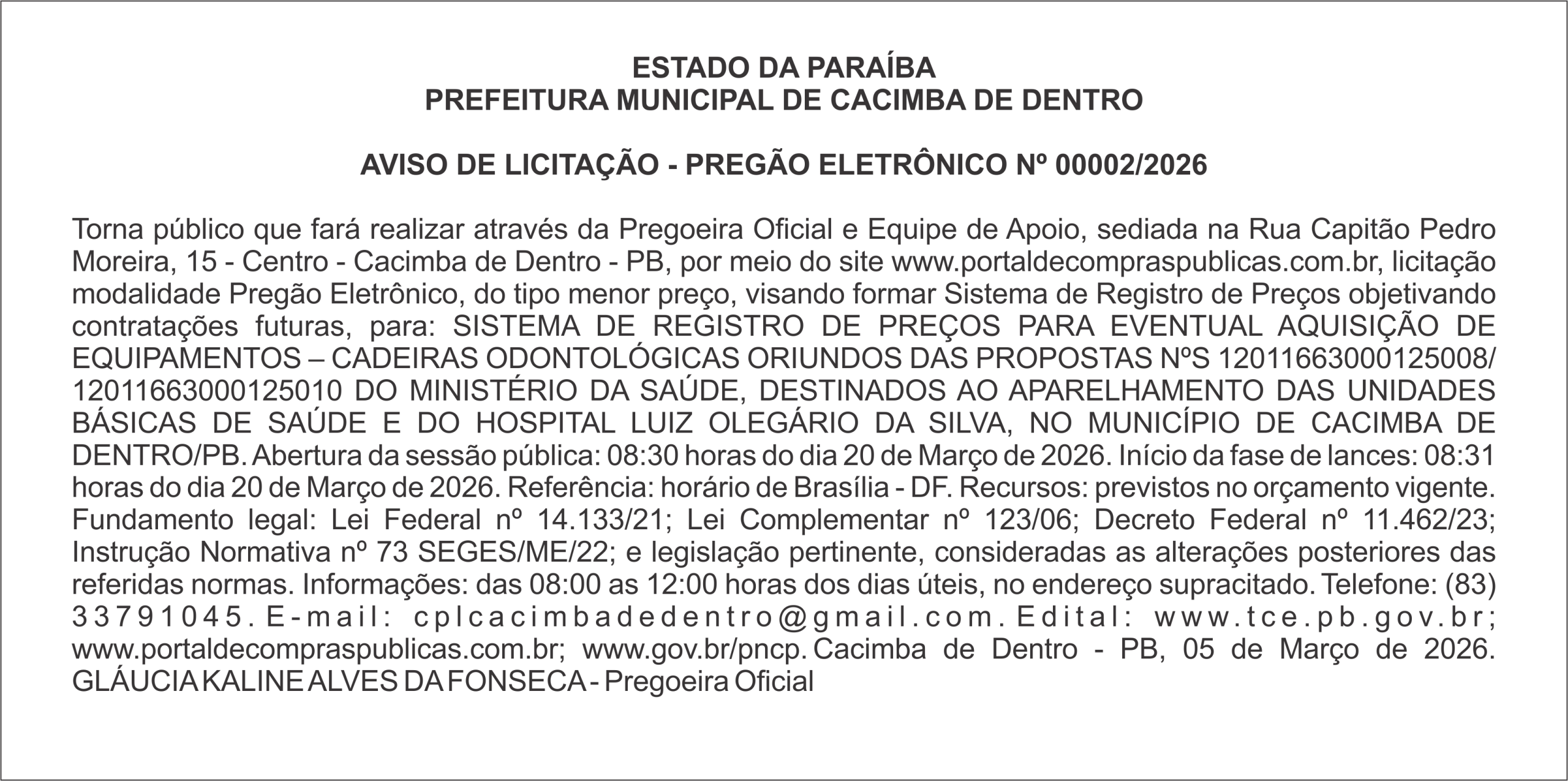 PREFEITURA MUNICIPAL DE CACIMBA DE DENTRO  AVISO DE LICITAÇÃO – PREGÃO ELETRÔNICO Nº 00002/2026